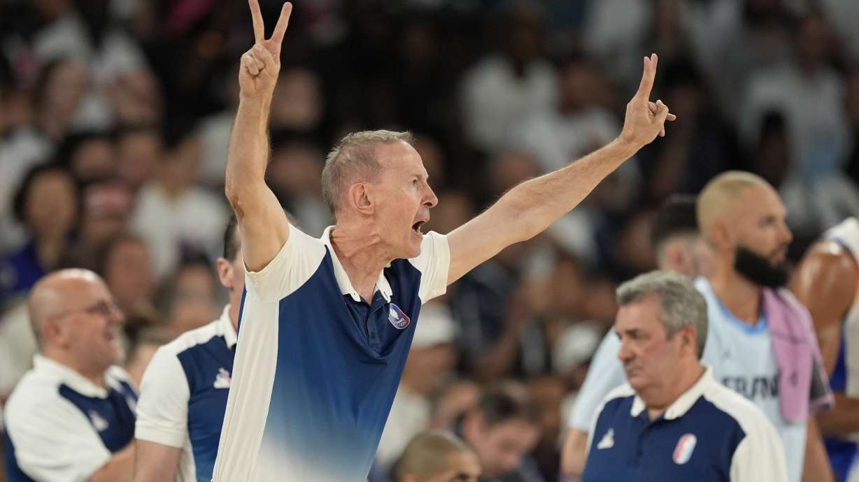 France head coach Vincent Collet shouts during game between France and United States during a men's gold medal basketball game at Bercy Arena at the 2024 Summer Olympics, Saturday, Aug. 10, 2024, in Paris, France.