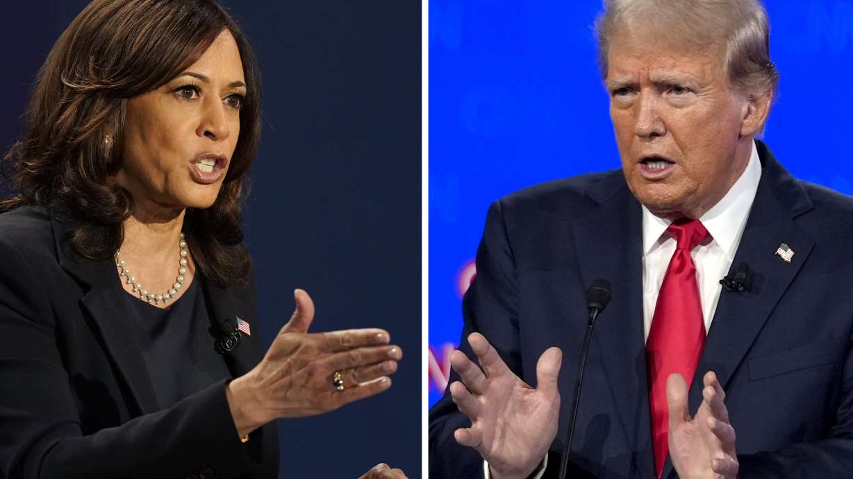 In this combination photo, then-Democratic vice presidential candidate Sen. Kamala Harris, D-Calif., speaks during a debate, Oct. 7, 2020, in Salt Lake City, left, and former President Donald Trump speaks during a debate, June 27, in Atlanta.