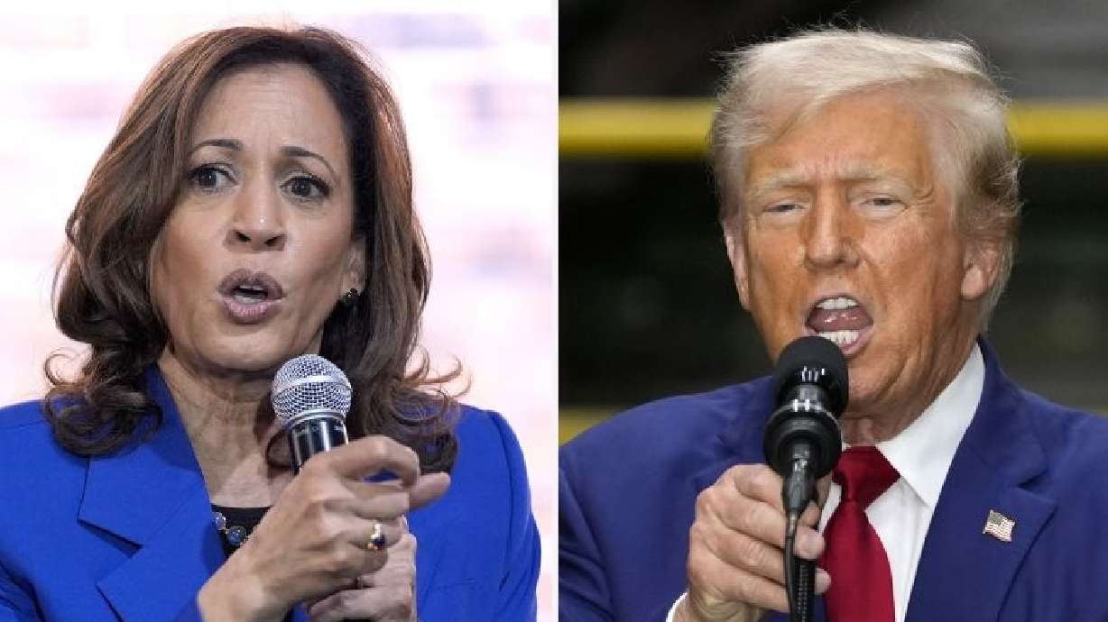 In this combination of photos taken in Pennsylvania, Democratic presidential nominee Vice President Kamala Harris speaks Aug. 18 in Rochester, left, and Republican presidential nominee former President Donald Trump speaks Aug. 19 in York. The most populous presidential swing state has sided with the winner of the past two elections.