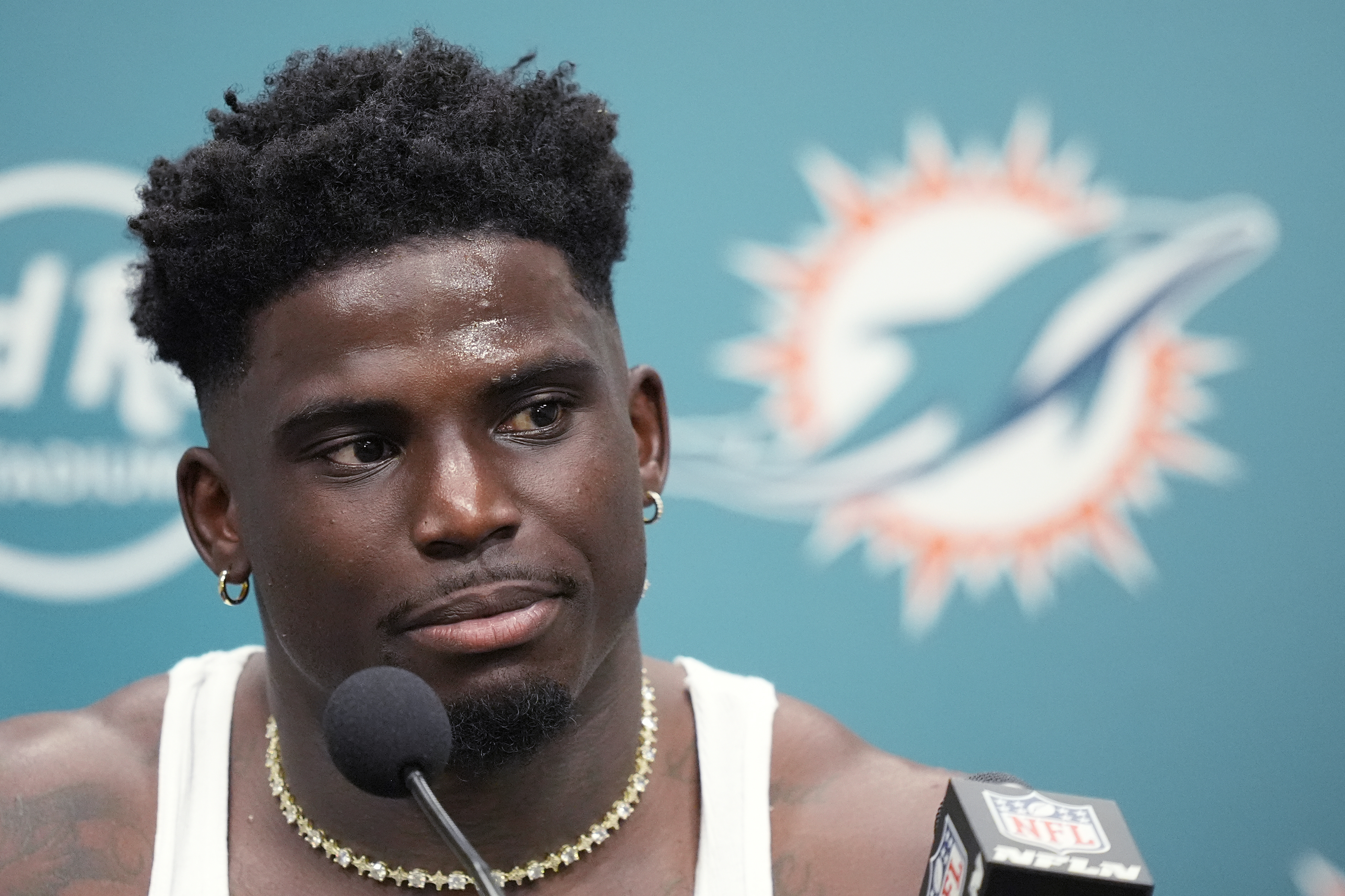 Miami Dolphins wide receiver Tyreek Hill speaks during an NFL football post game news conference, Sunday, Sept. 8, 2024, in Miami Gardens, Fla. The Dolphins defeated the Jaguars 20-17.