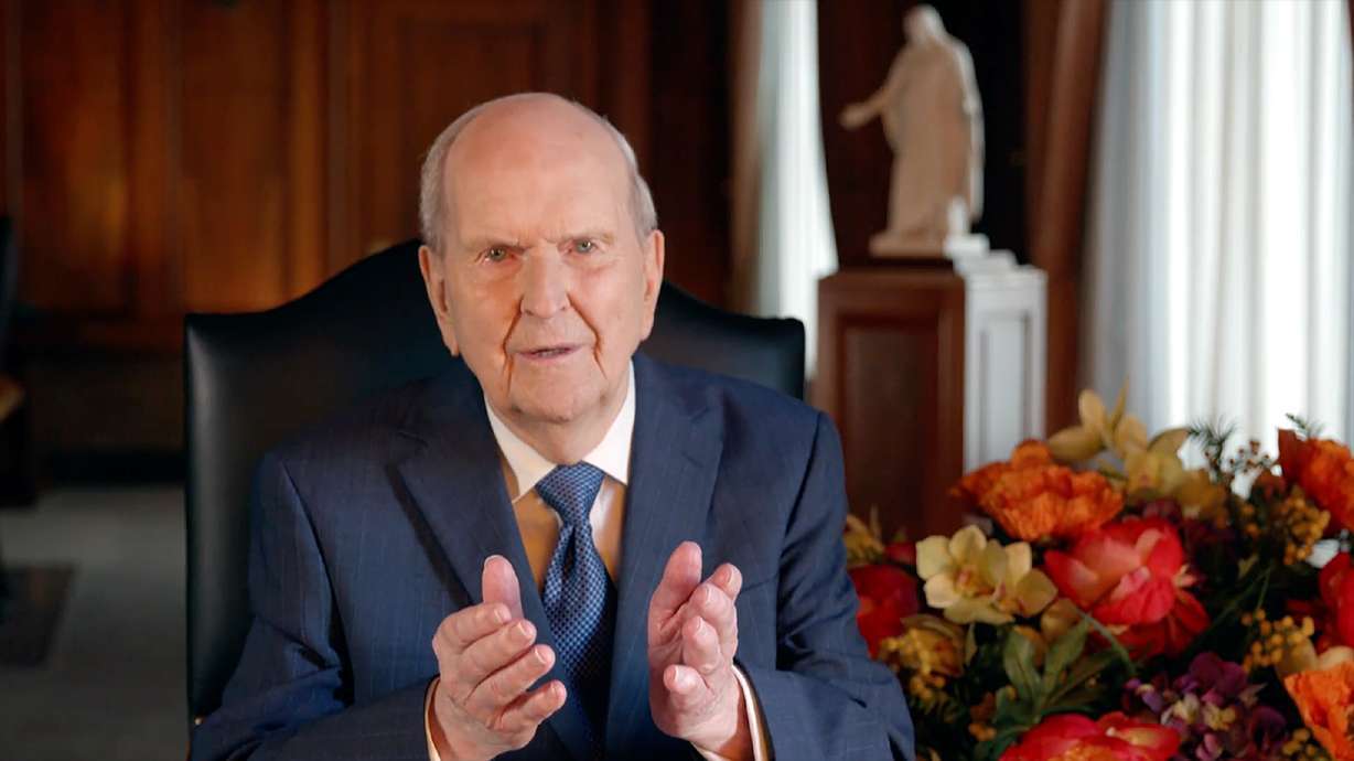 President Russell M. Nelson speaks during a worldwide Relief Society devotional on March 17.