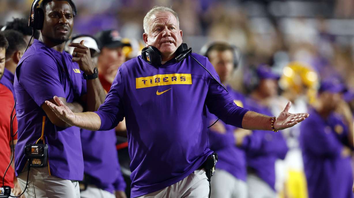 LSU head coach Brian Kelly reacts to a play during the second half of an NCAA college football game against Nicholls State in Baton Rouge, La., Saturday, Sept. 7, 2024. LSU won 44-21.