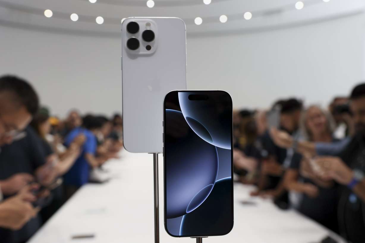 The new iPhone 16 is displayed during an announcement of new products at Apple headquarters Monday in Cupertino, Calif.