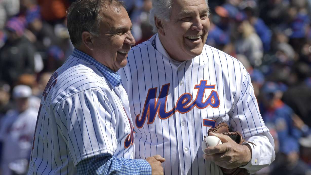 FILE - Ed Kranepool, right, poses for a photo with Gil Hodges, Jr., son of former New York Mets manager Gil Hodges, after Hodges threw the first pitch to Kranepool before the Mets home opener baseball game against the Washington Nationals, April 4, 2019, in New York.