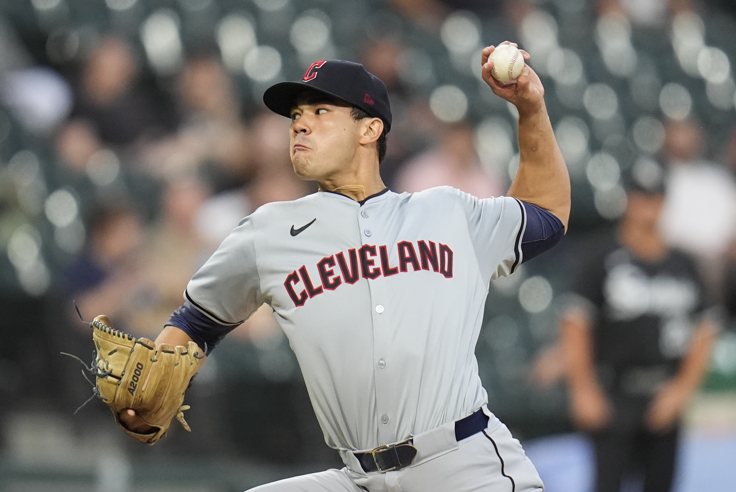 Cleveland Guardians starting pitcher Joey Cantillo throws against the Chicago White Sox during the first inning of a baseball game Monday, Sept. 9, 2024, in Chicago.