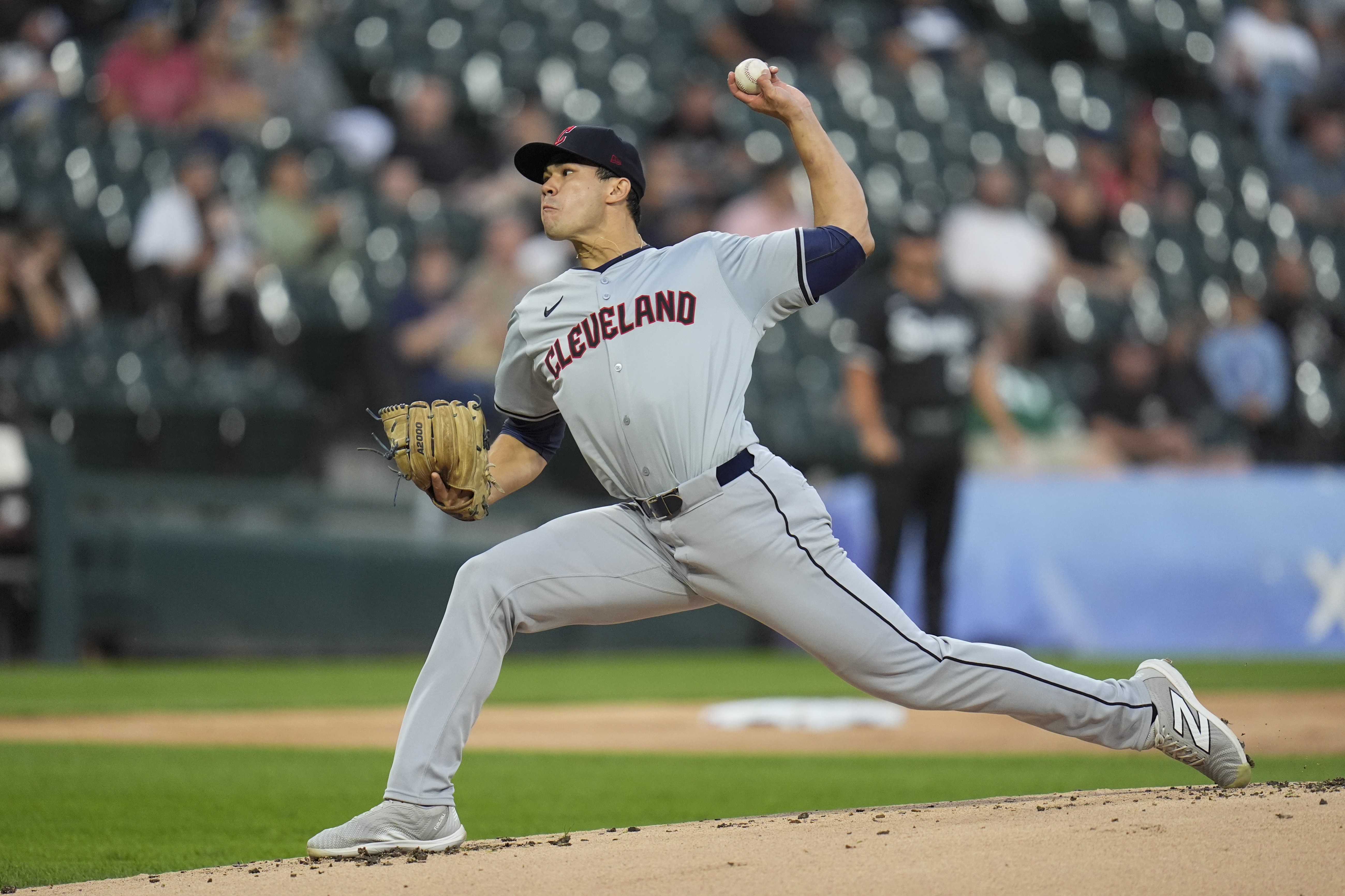 Cleveland Guardians starting pitcher Joey Cantillo throws against the Chicago White Sox during the first inning of a baseball game Monday, Sept. 9, 2024, in Chicago.