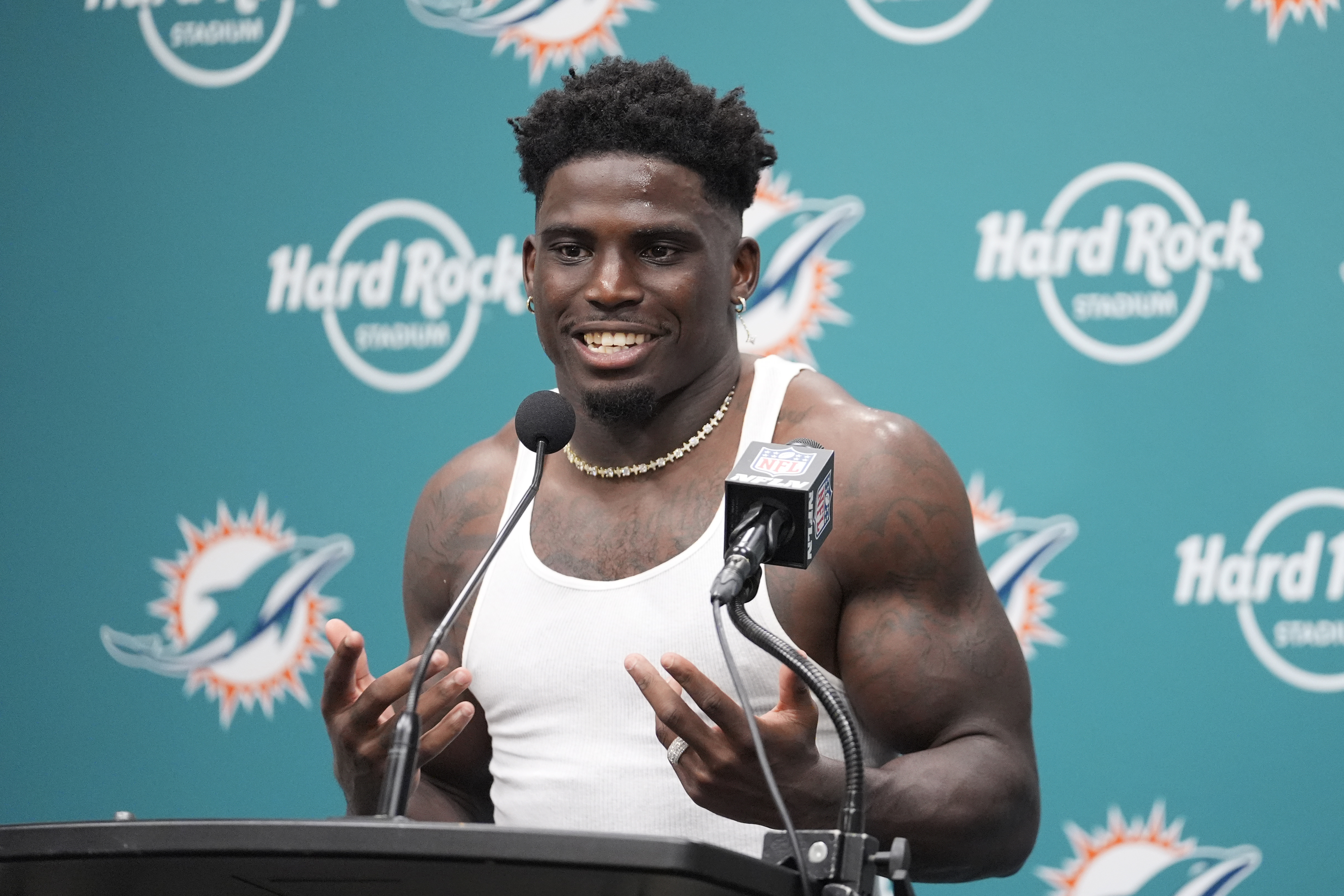 Miami Dolphins wide receiver Tyreek Hill speaks during an NFL football post game news conference, Sunday, Sept. 8, 2024, in Miami Gardens, Fla. The Dolphins defeated the Jaguars 20-17.