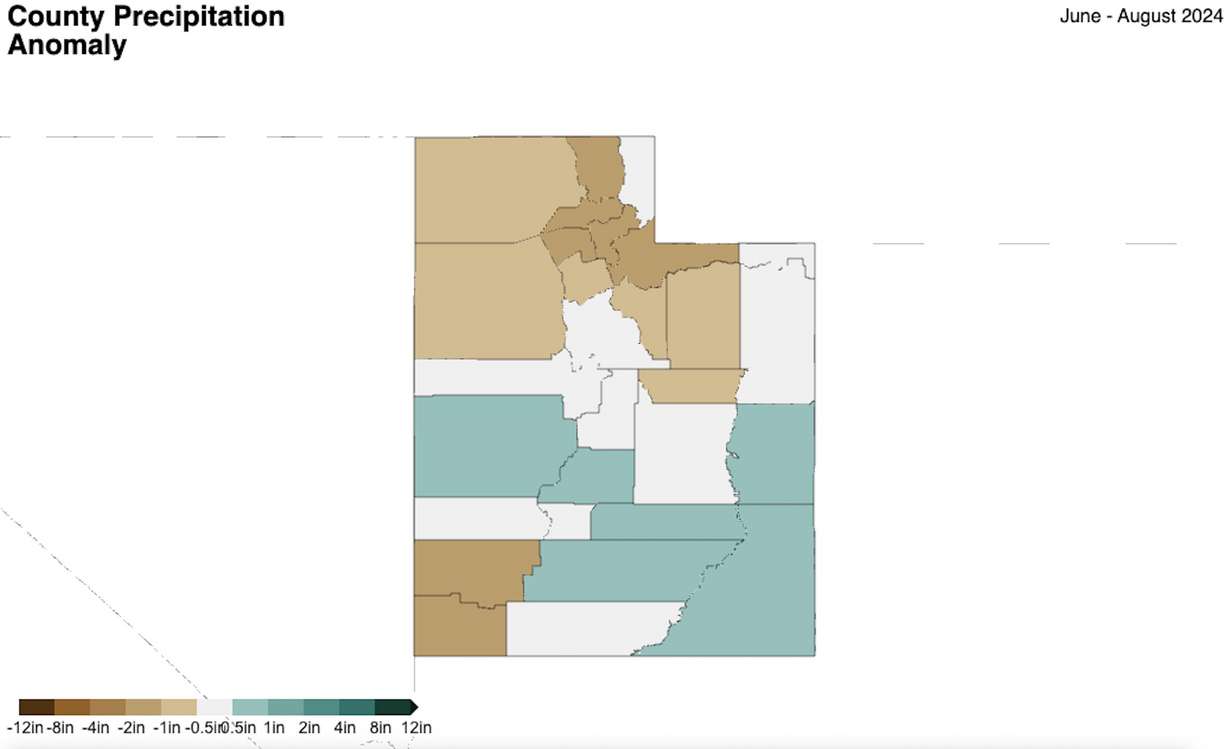 This map shows precipitation anomalies across every Utah county during the meteorological summer months of June, July and August.