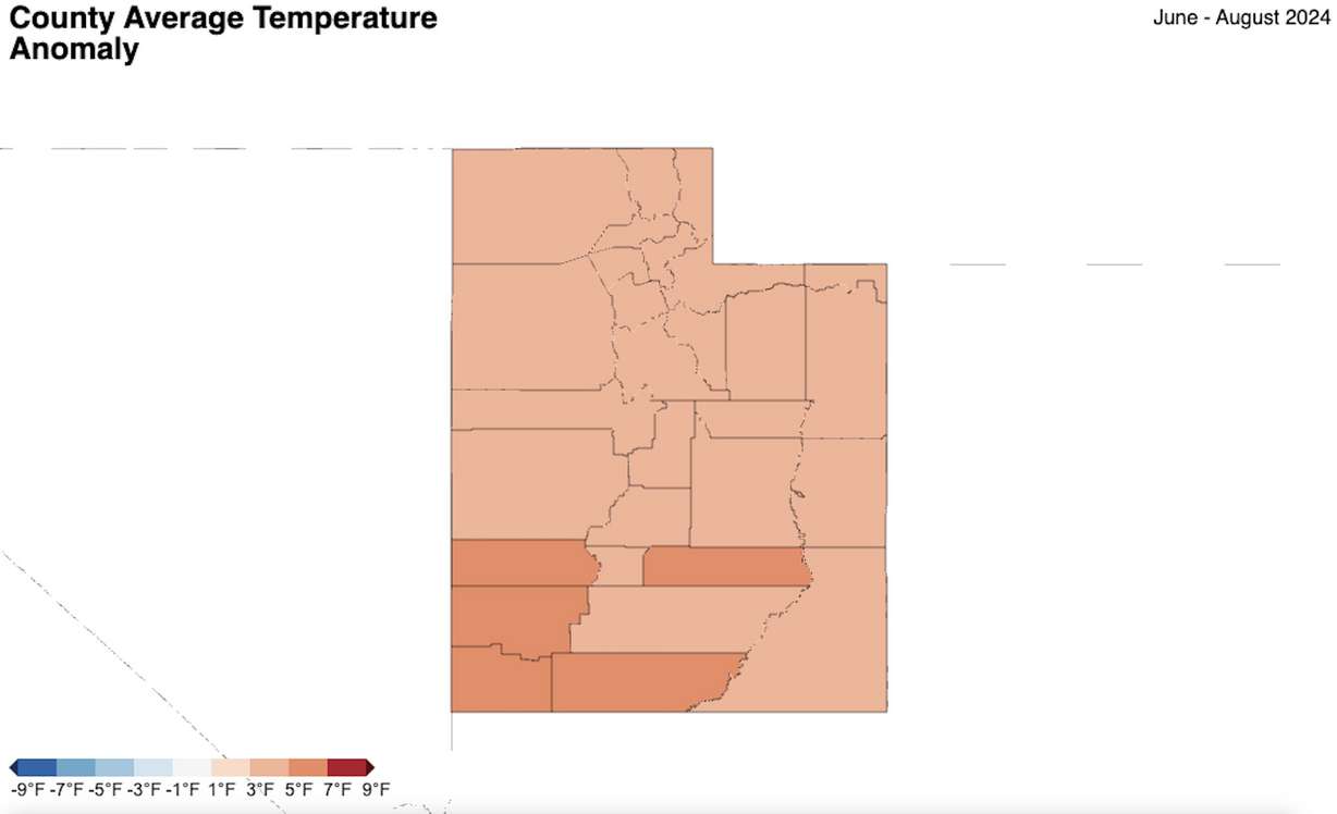 This map shows average temperature anomalies across every Utah county during the meteorological summer months of June, July and August.