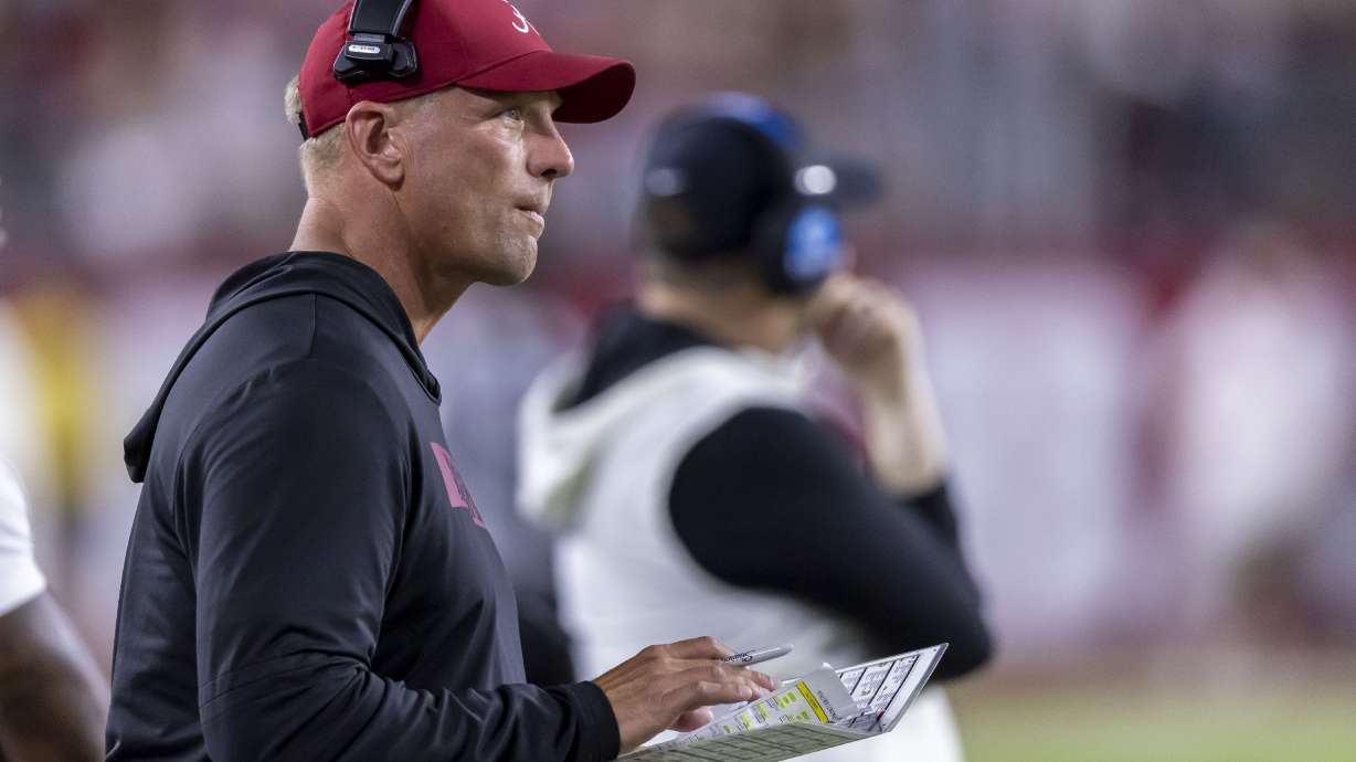 Alabama head coach Kalen DeBoer looks on in a timeout during the first half of an NCAA college football game against South Florida, Saturday, Sept. 7, 2024, in Tuscaloosa, Ala.