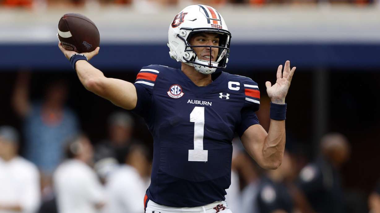 Auburn quarterback Payton Thorne looks to throw a pass during the second half of an NCAA college football game against California, Saturday, Sept. 7, 2024, in Auburn, Ala.