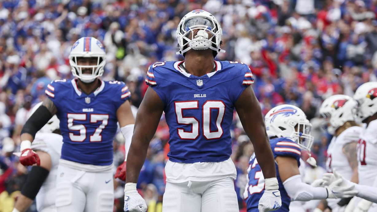 Buffalo Bills defensive end Greg Rousseau (50) celebrates his sack against the Arizona Cardinals as Buffalo Bills defensive end AJ Epenesa (57) looks on during the second half of an NFL football game Sunday, Sept. 8, 2024, in Orchard Park, N.Y.