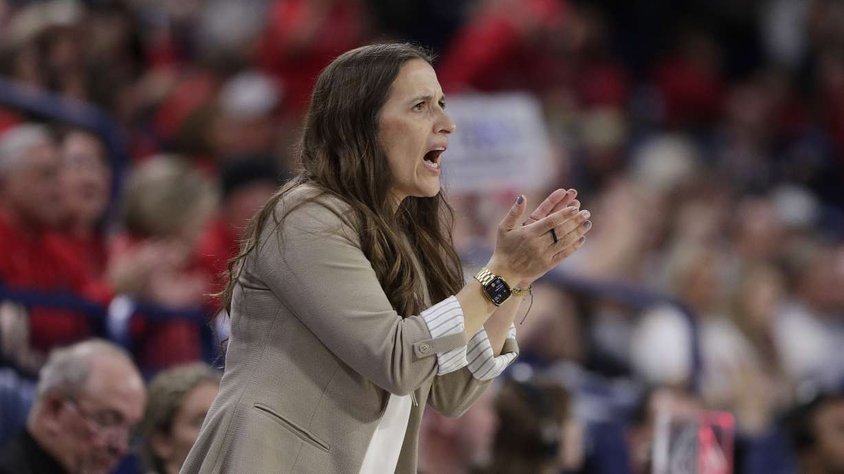FILE - Gonzaga coach Lisa Fortier encourages the team during the first half of a first-round college basketball game against UC Irvine in the women's NCAA Tournament in Spokane, Wash., March 23, 2024.