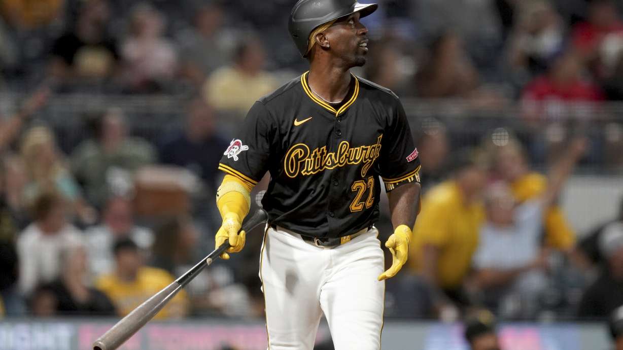 Pittsburgh Pirates' Andrew McCutchen watches his three-run home run during the fifth inning of a baseball game against the Miami Marlins, Tuesday, Sept. 10, 2024, in Pittsburgh.