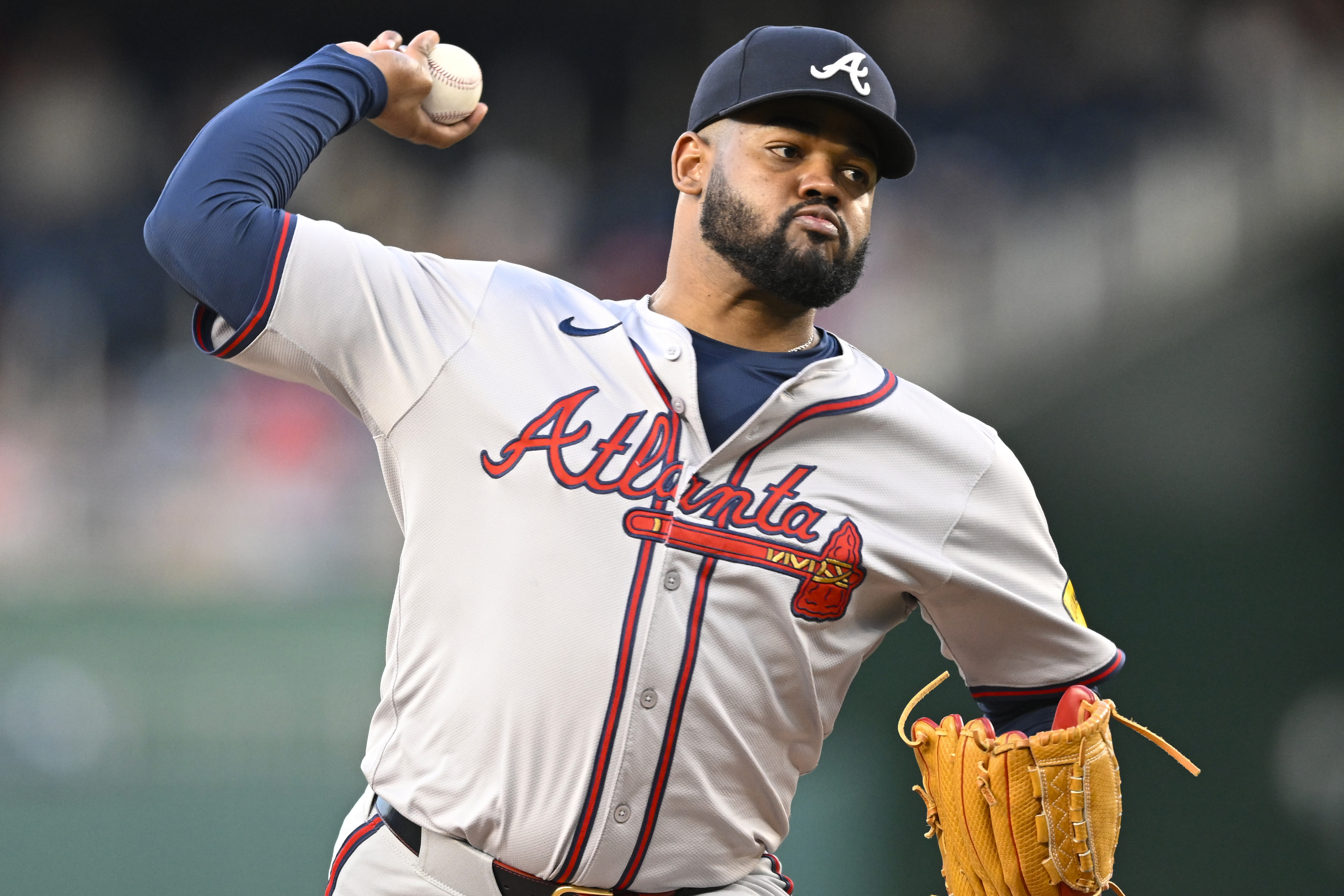 Atlanta Braves starting pitcher Reynaldo Lopez throws during the first inning of a baseball game against the Washington Nationals, Tuesday, Sept. 10, 2024, in Washington.