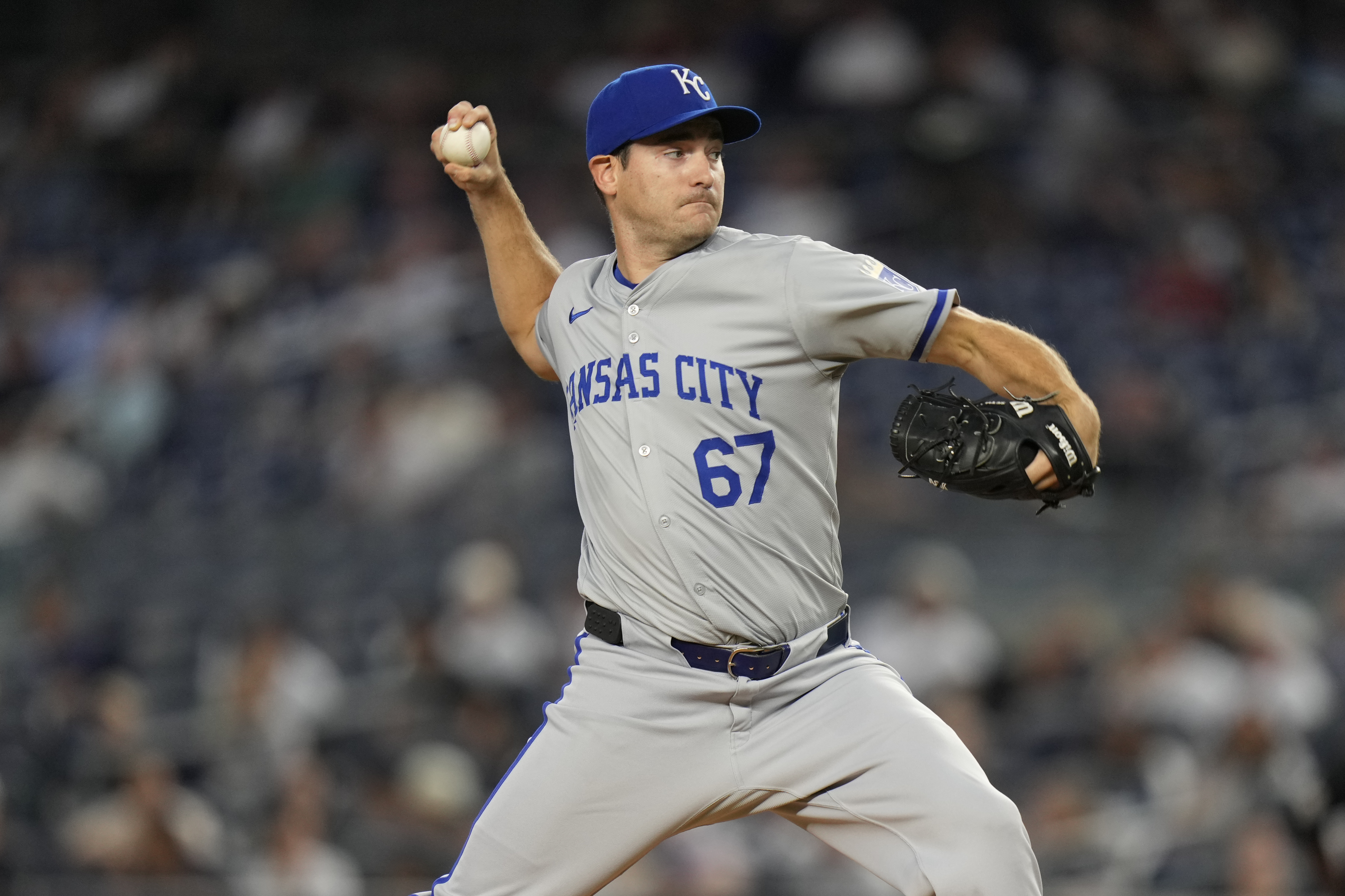 Kansas City Royals pitcher Seth Lugo throws during the first inning of a baseball game against the New York Yankees at Yankee Stadium, Tuesday, Sept. 10, 2024, in New York.