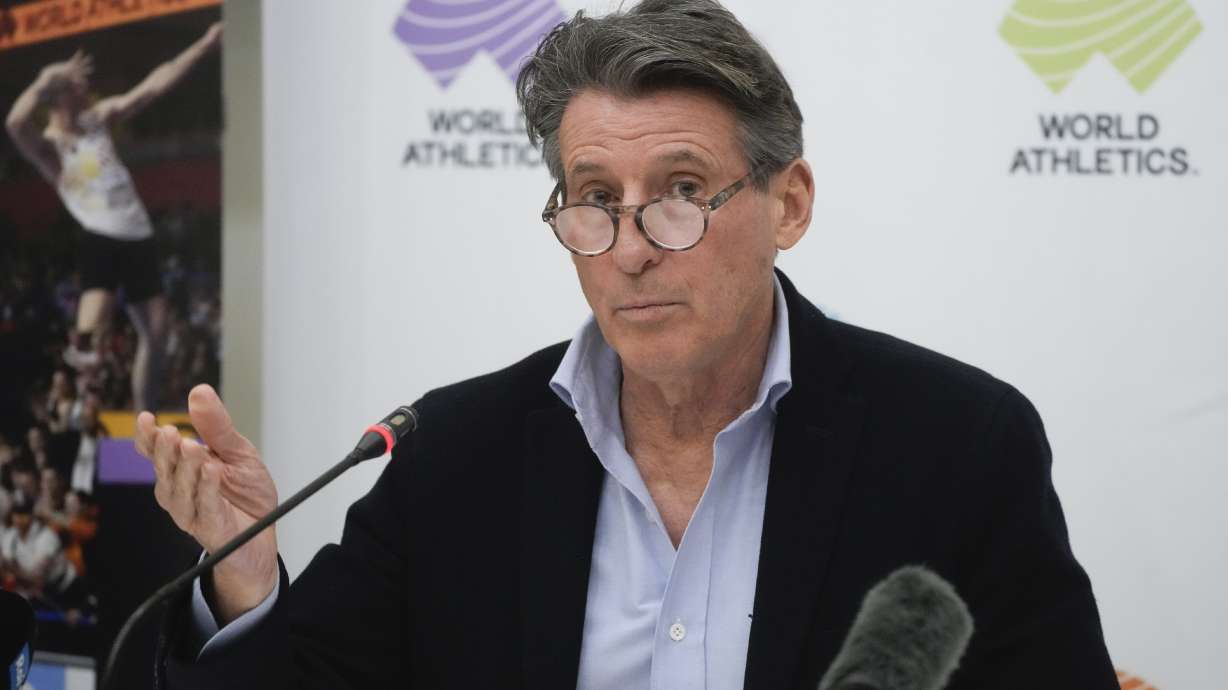 FILE - World Athletics President Sebastian Coe holds a press conference at the conclusion of the World Athletics meeting at the Italian National Olympic Committee, headquarters in Rome, Nov. 30, 2022.