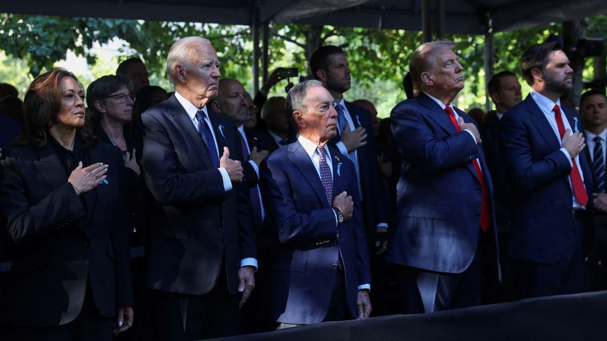 Republican presidential nominee and former President Donald Trump, Republican vice presidential nominee Senator JD Vance, President Joe Biden and former Mayor of New York City Michael Bloomberg, and Democratic presidential nominee and Vice President Kamala Harris attend a ceremony marking the 23rd anniversary of the Sept. 11, 2001, attacks in New York City, Wednesday.