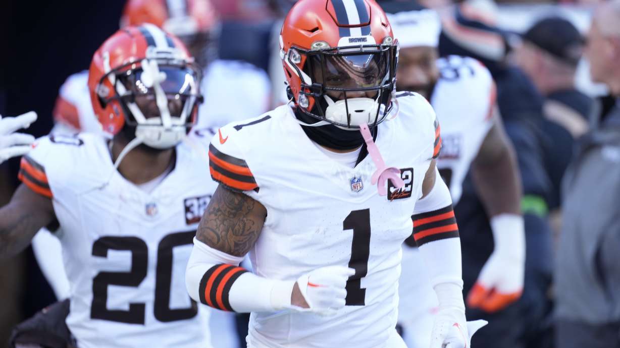 FILE - Cleveland Browns safety Juan Thornhill (1) in the first half of an NFL football game, Nov. 26, 2023, in Denver.