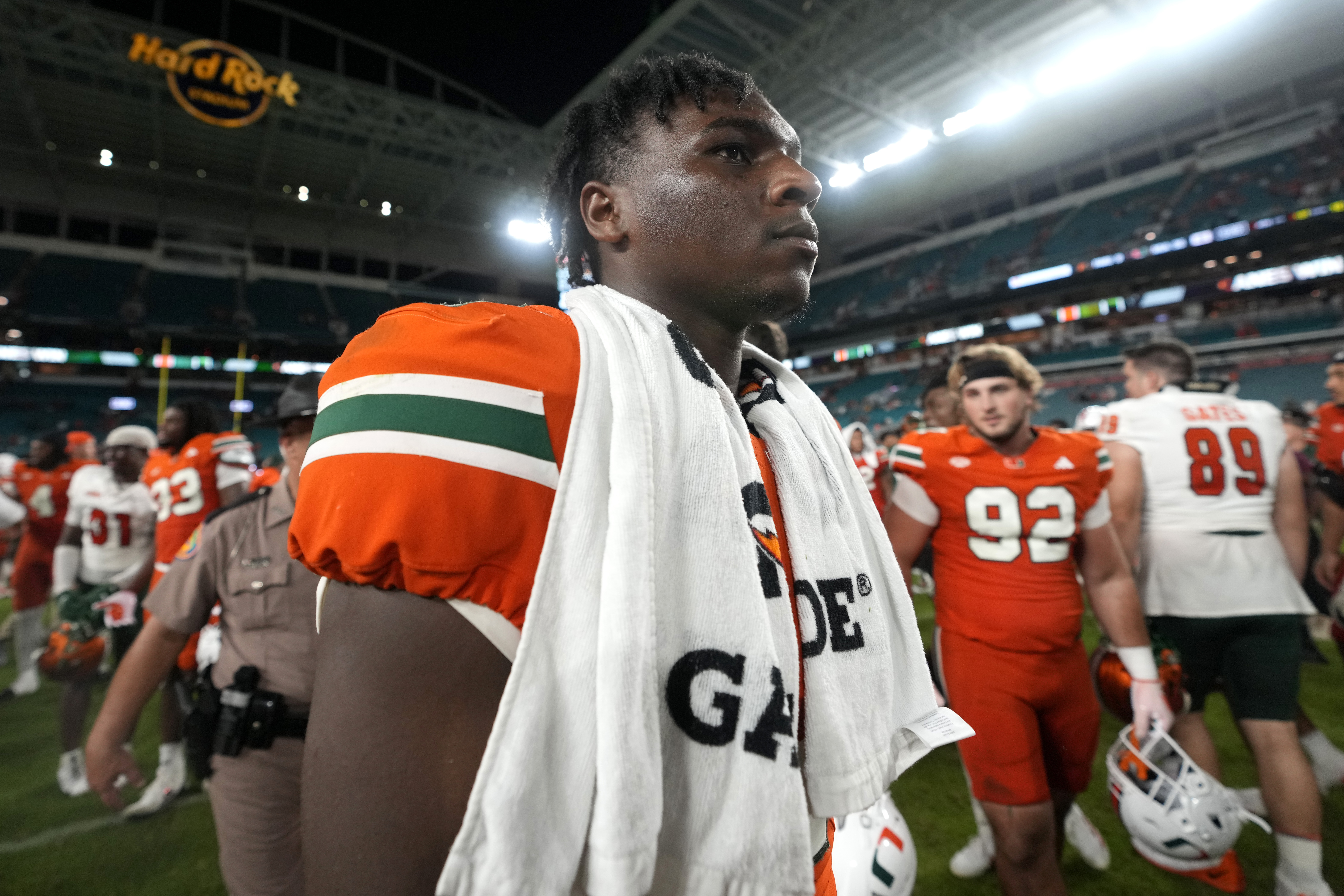 Miami quarterback Cam Ward walks off the field after an NCAA football game against Florida A&M, Saturday, Sept. 7, 2024, in Miami Gardens, Fla.