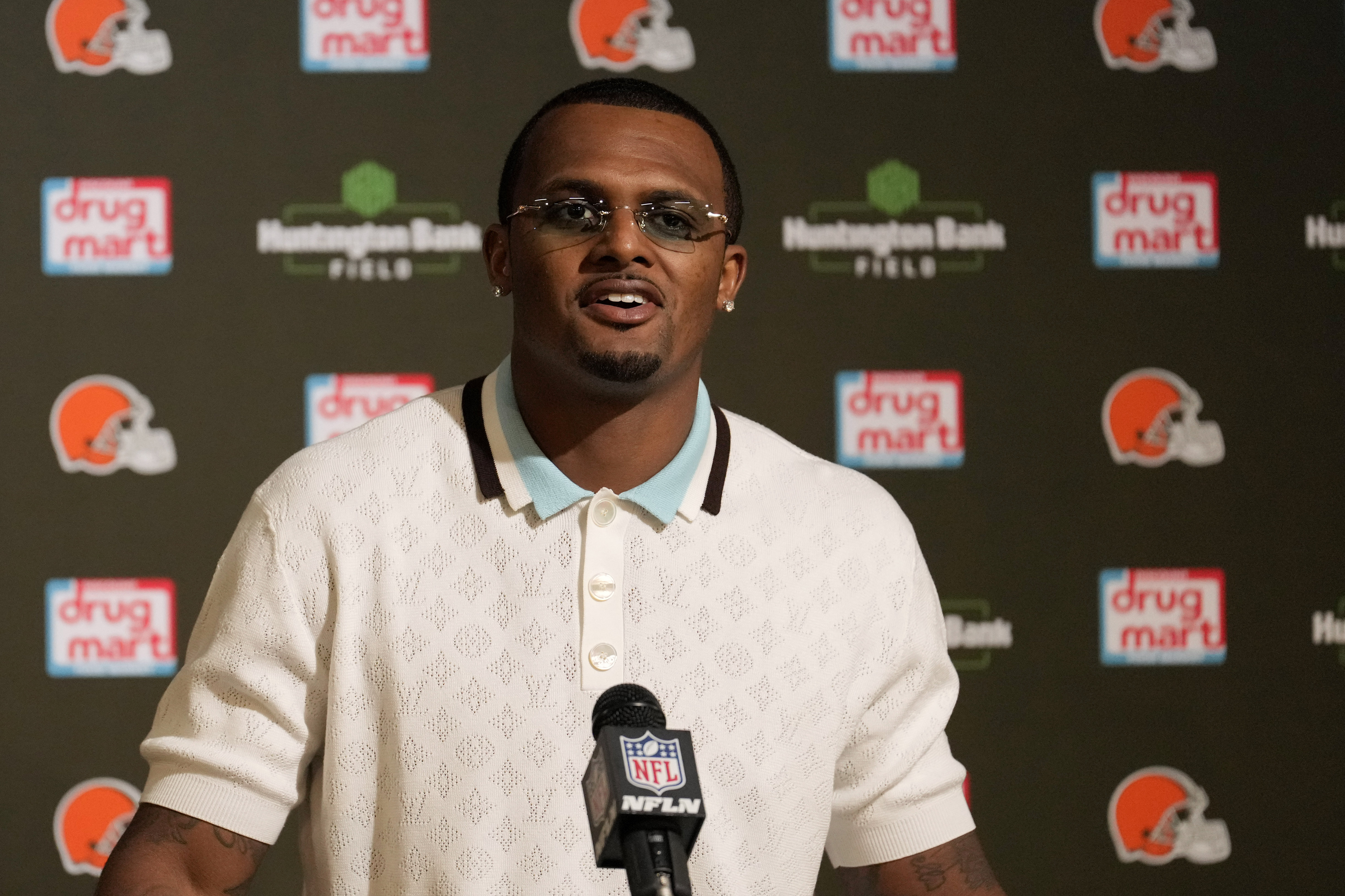 Cleveland Browns' Deshaun Watson responds to questions during a news conference after the team's NFL football game against the Dallas Cowboys in Cleveland, Sunday, Sept. 8, 2024.