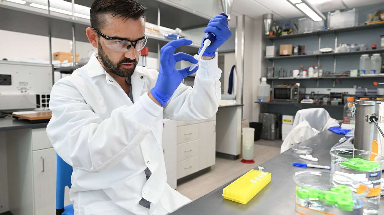 John McCullough, research associate professor prepares samples of protein complexes to view on a high-resolution electron microscope at the Sundquist laboratory, Department of Biochemistry, University of Utah in Salt Lake City on Tuesday.