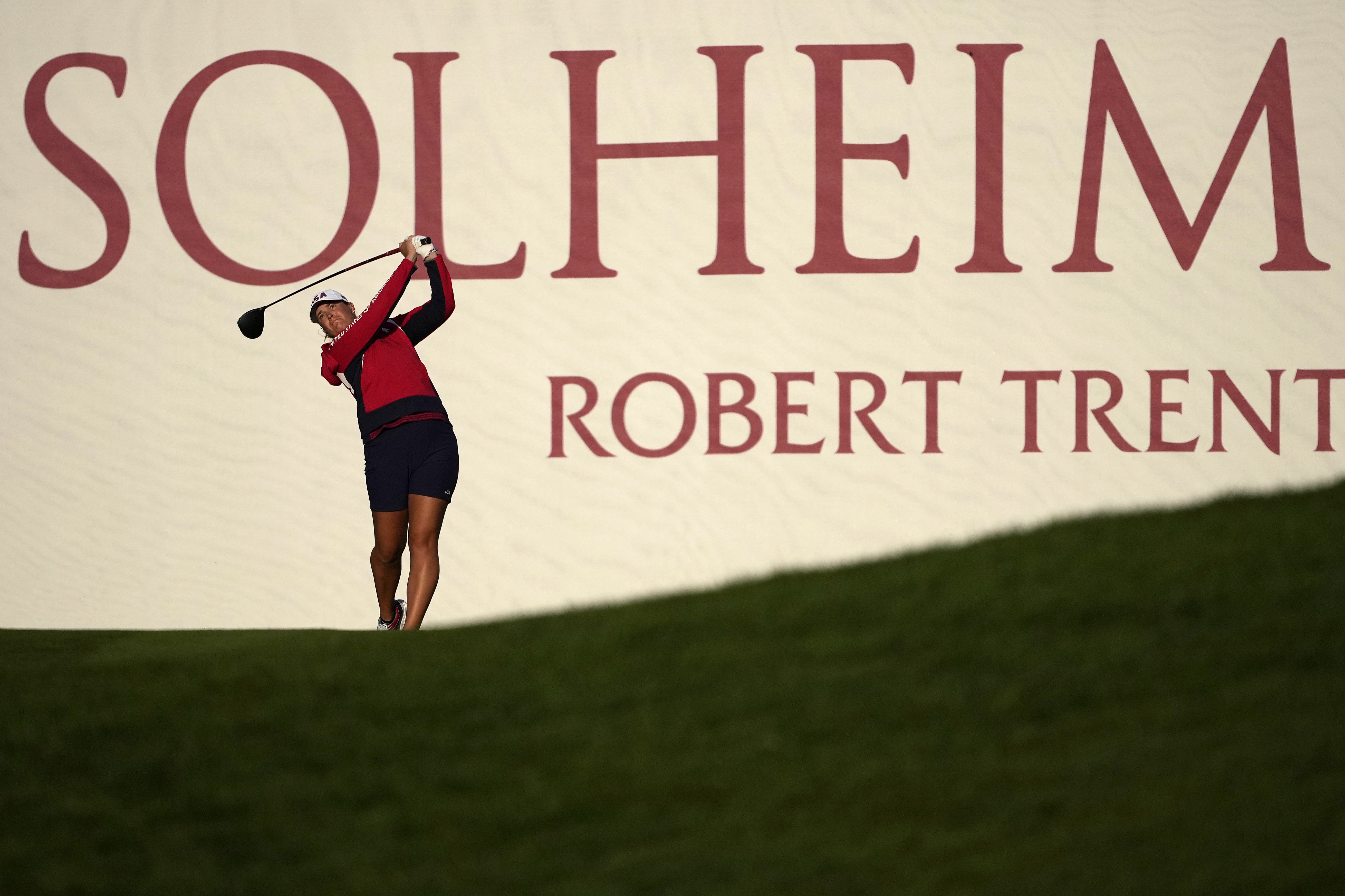 United States' Lauren Coughlin hits from the first tee during a practice round prior to the Solheim Cup golf tournament at the Robert Trent Jones Golf Club, Wednesday, Sept. 11, 2024, in Gainesville, VA.