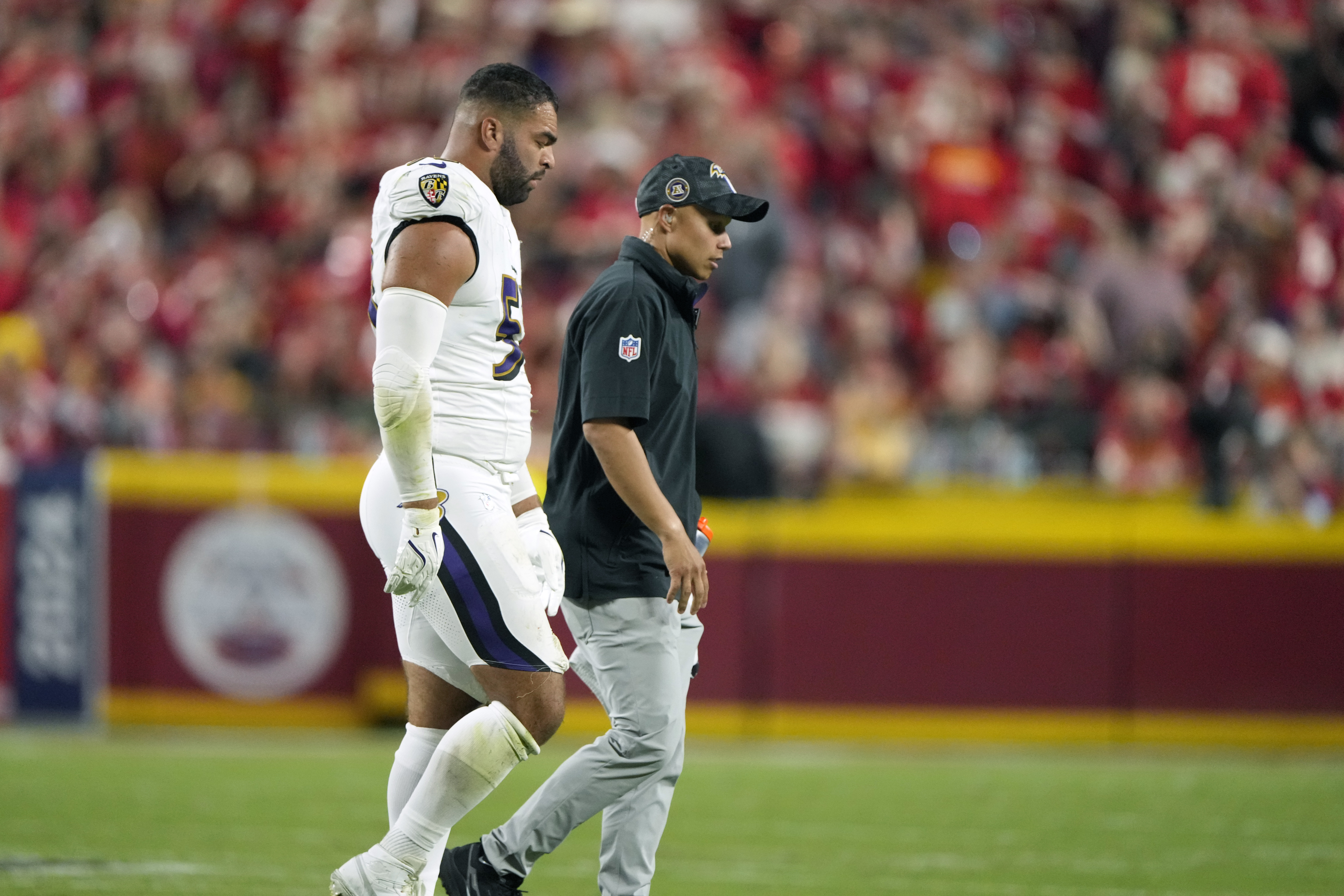 FILE - Baltimore Ravens outside linebacker Kyle Van Noy walks of the field after being injured during the second half of an NFL football game against the Kansas City Chiefs Thursday, Sept. 5, 2024, in Kansas City, Mo.
