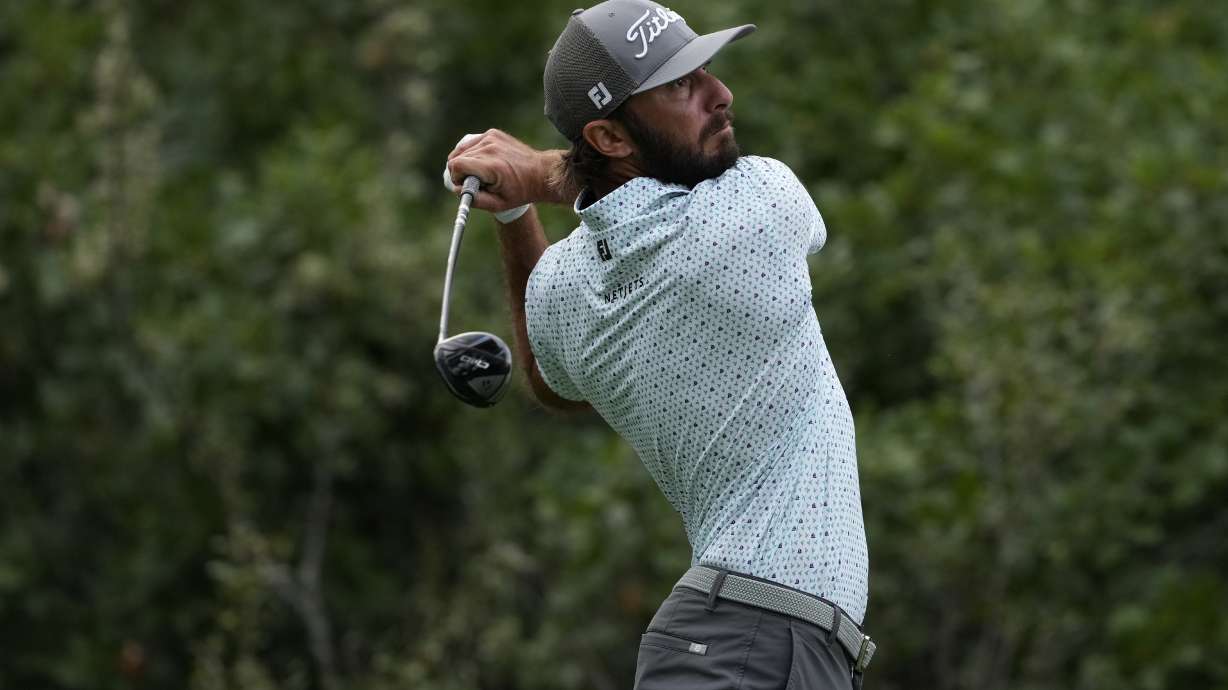 Max Homa hits from the second tee during the first round of the BMW Championship golf event at Castle Pines Golf Club, Thursday, Aug. 22, 2024, in Castle Rock, Colo.