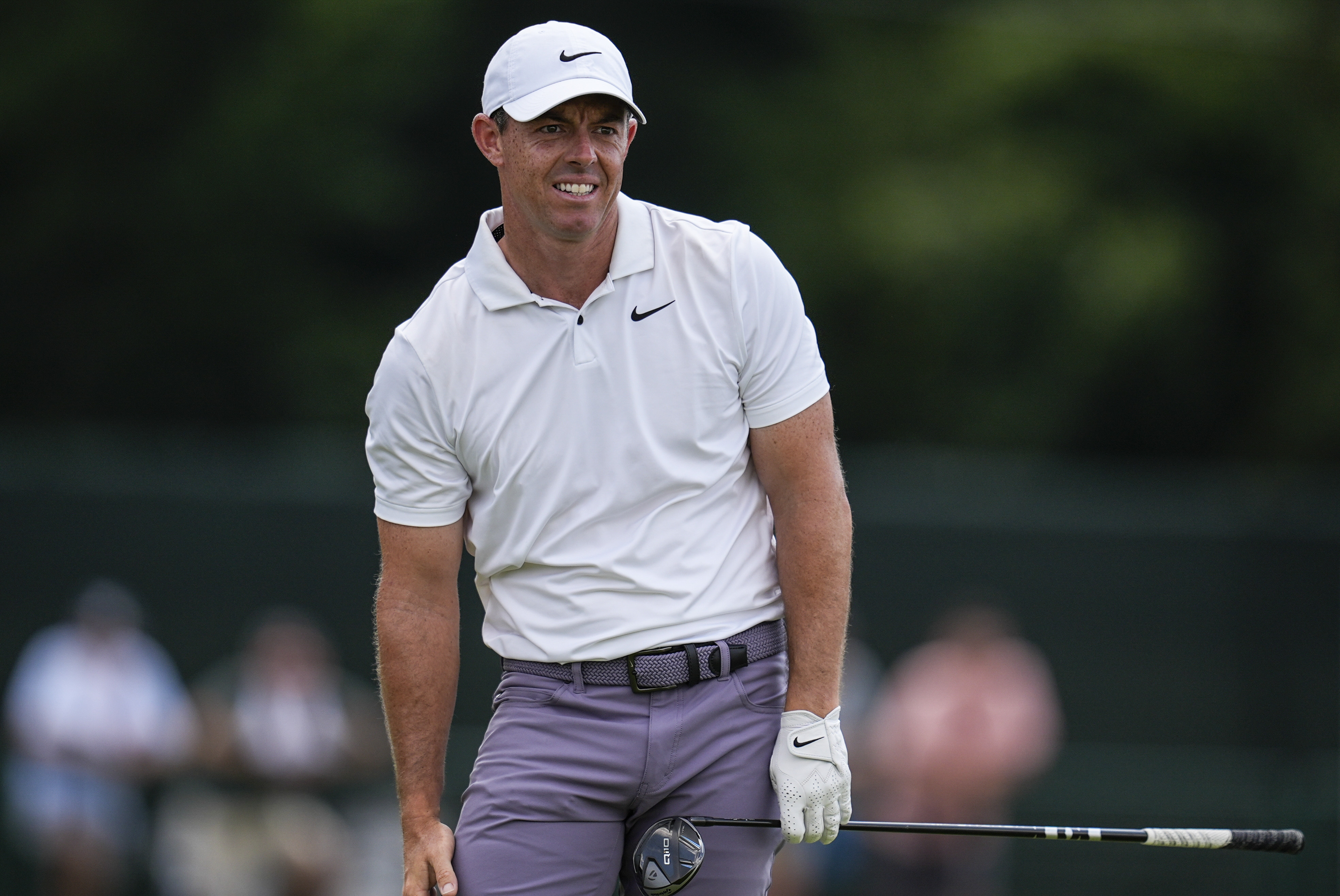 Rory McIlroy, of Northern Ireland, watches his ball on the eighth hole during the second round of the Tour Championship golf tournament, Friday, Aug. 30, 2024, in Atlanta. 