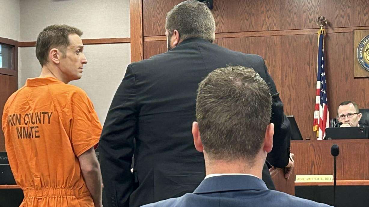 Joshua Glover and defense attorney Steven Nielsen appear before 5th District Judge Matthew L. Bell during Glover's sentencing hearing in Cedar City on Tuesday.