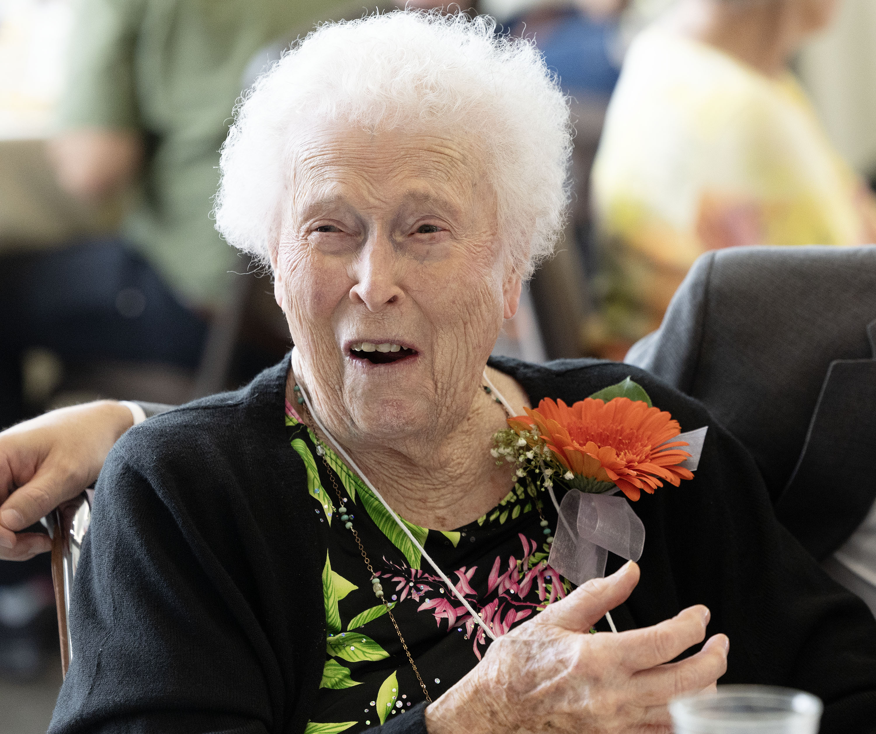 Centenarian Katheryn Apperson laughs at the Utah Centenarian Celebration at the Viridian Event Center in West Jordan on Wednesday.