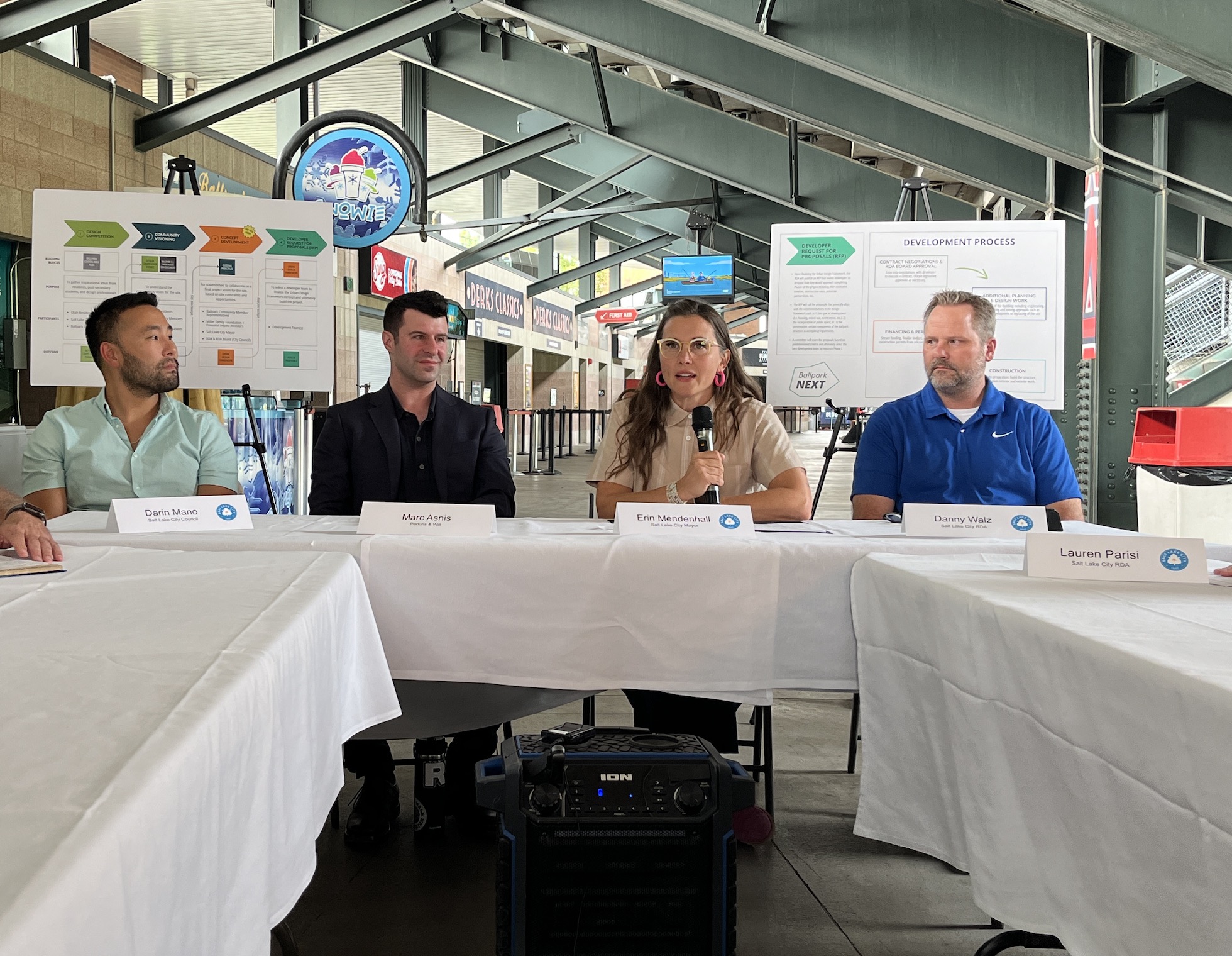 Salt Lake City Mayor Erin Mendenhall speaks during a roundtable event about the future of Smith's Ballpark inside the stadium on Wednesday.