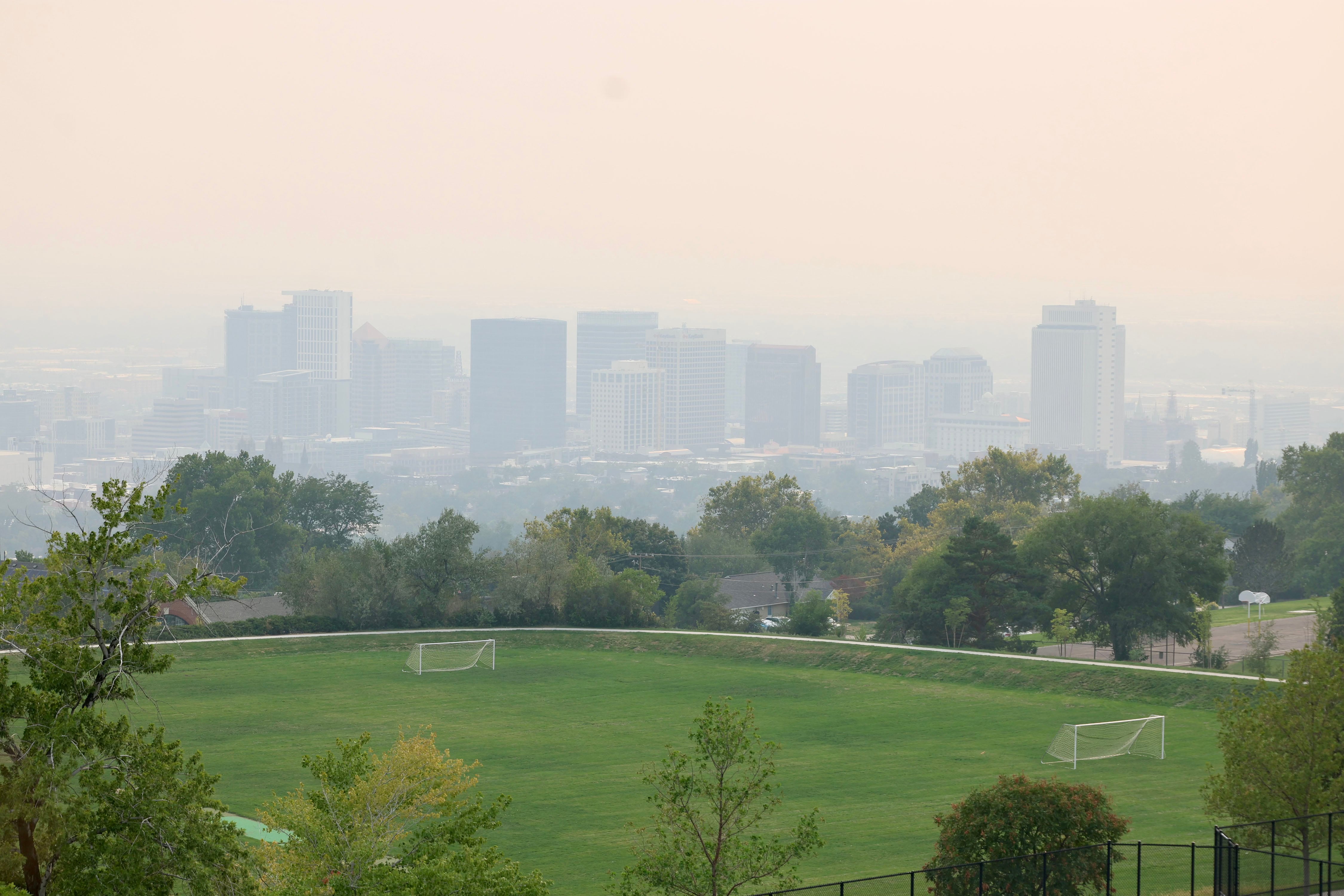 Smoke fills the Salt Lake Valley Wednesday. The smoke is coming from wildfires in the western U.S.