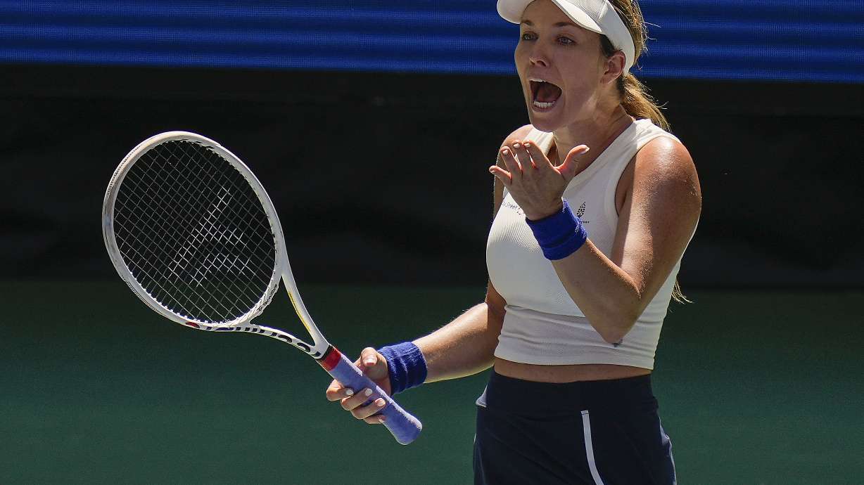 Danielle Collins, of the United States, reacts in the first set against Caroline Dolehide, of the United States, during the first round of the U.S. Open tennis championships, Tuesday, Aug. 27, 2024, in New York.