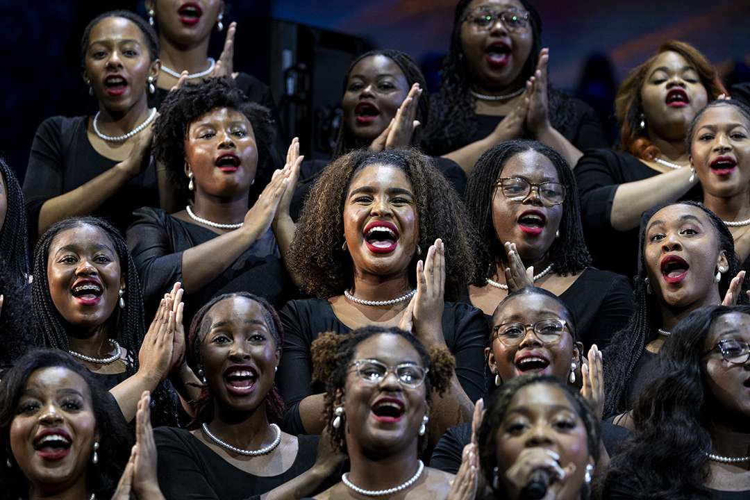 Members of the Spelman College Glee Club perform during a concert as part of The Tabernacle Choir and Orchestra at Temple Square’s “Songs of Hope” tour held at State Farm Arena in Atlanta, Ga., on Wednesday.