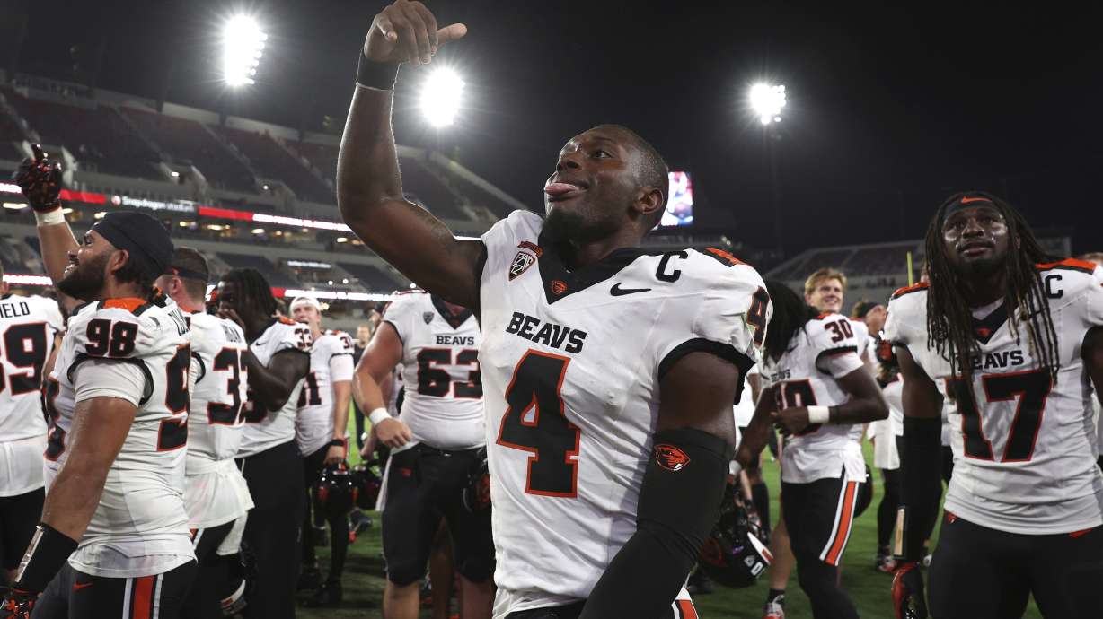 Oregon State quarterback Gevani McCoy reacts after winning against San Diego State at the end of an NCAA college football game Saturday, Sept. 7, 2024, in San Diego.