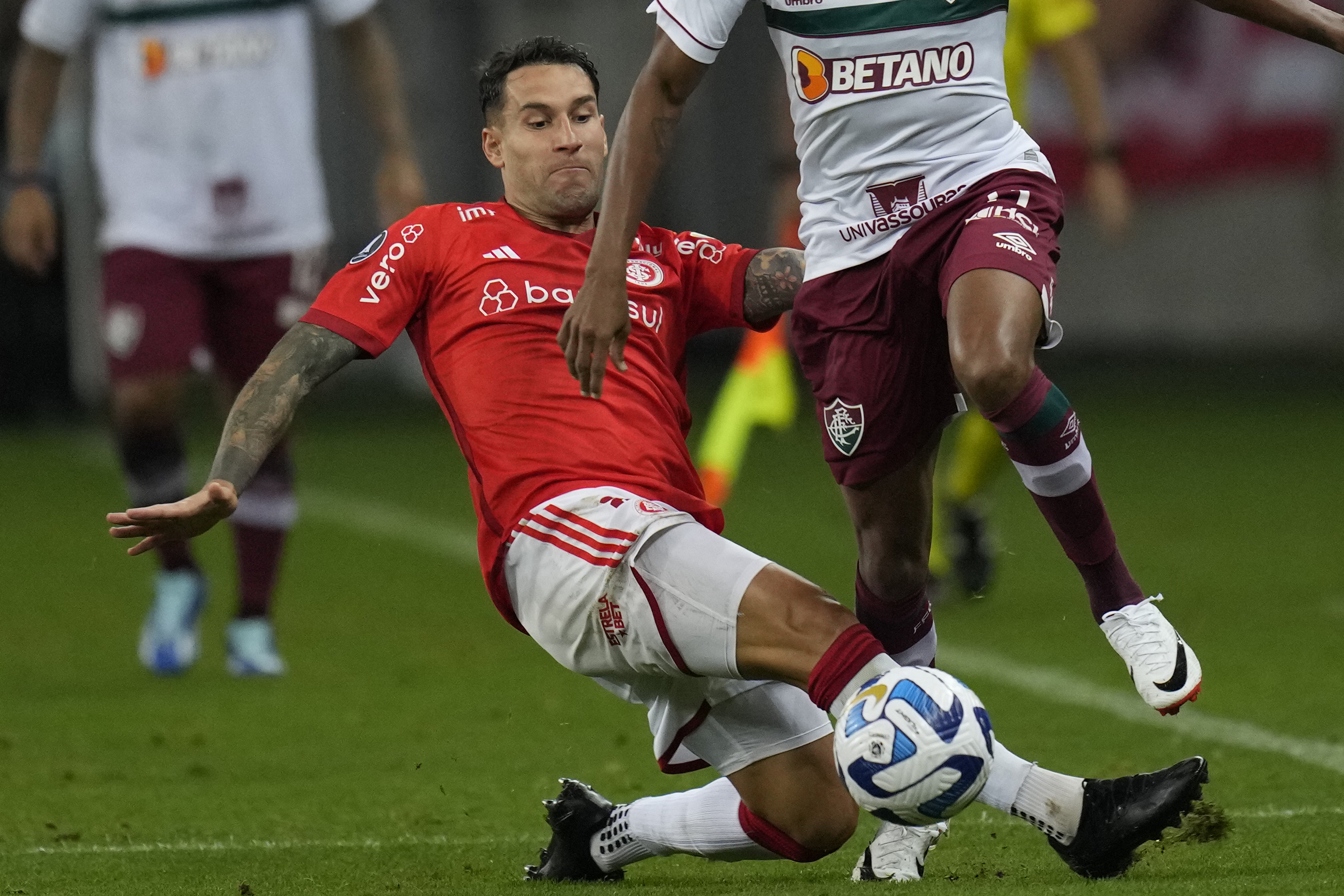 FILE - Hugo Mallo of Brazil's Internacional battles for the ball during a Copa Libertadores semifinal second leg soccer match at Beira Rio stadium in Porto Alegre, Brazil, Wednesday, Oct. 4, 2023.