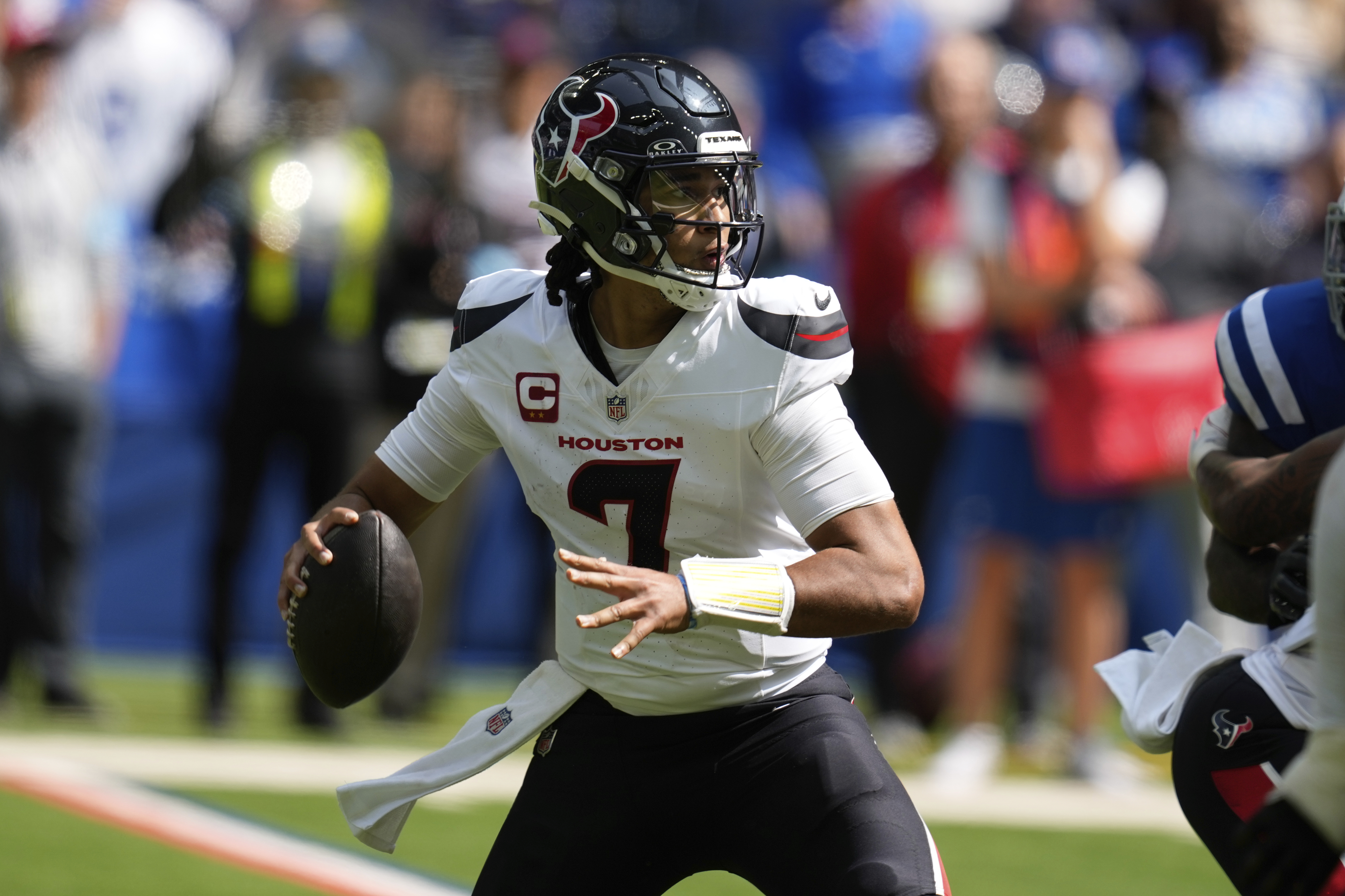 Houston Texans quarterback C.J. Stroud (7) looks for a receiver during the second half of an NFL football game against the Houston Texans, Sunday, Sept. 8, 2024, in Indianapolis.