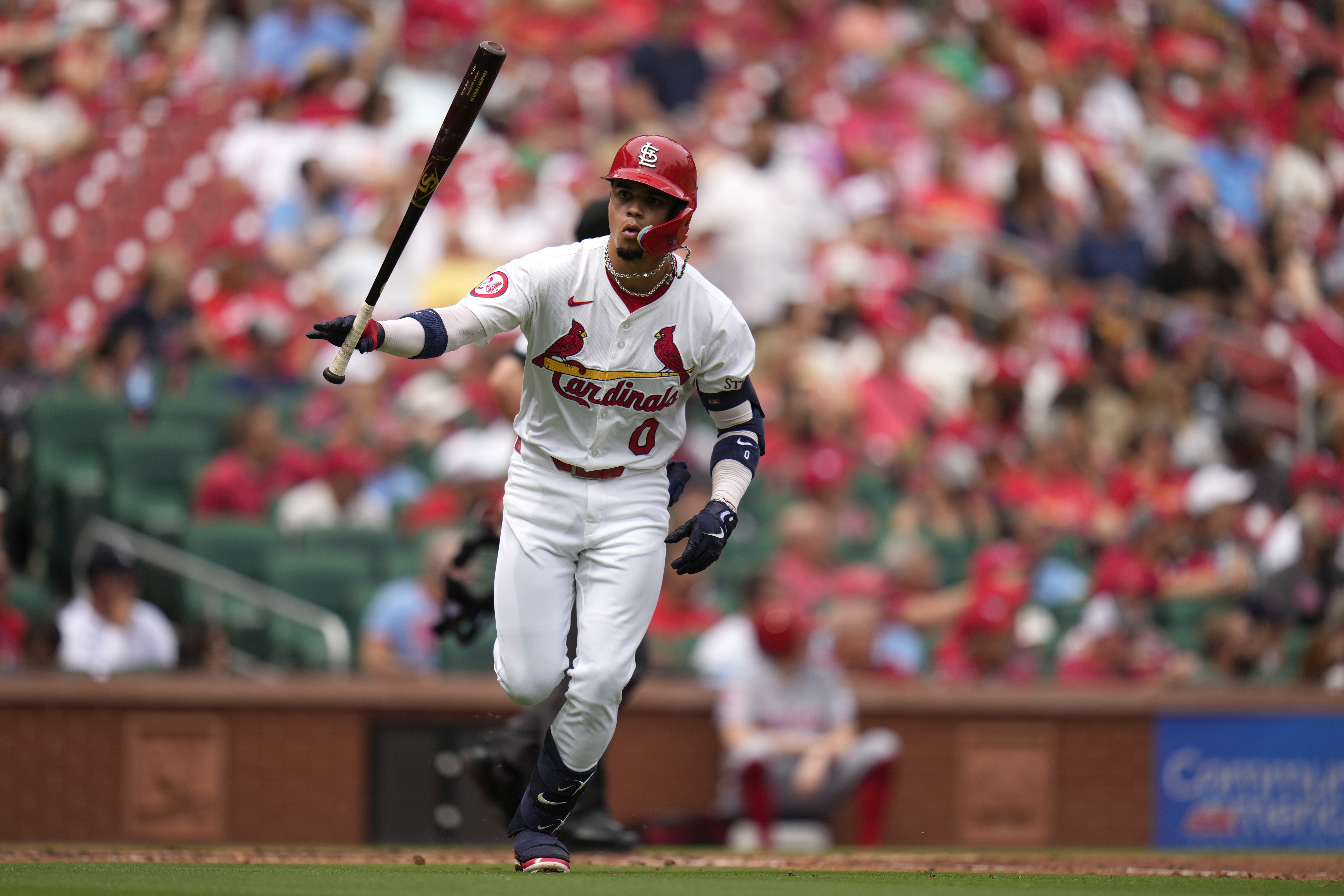 St. Louis Cardinals' Masyn Winn tosses his bat after hitting a solo home run during the third inning of a baseball game against the Cincinnati Reds Thursday, Sept. 12, 2024, in St. Louis.