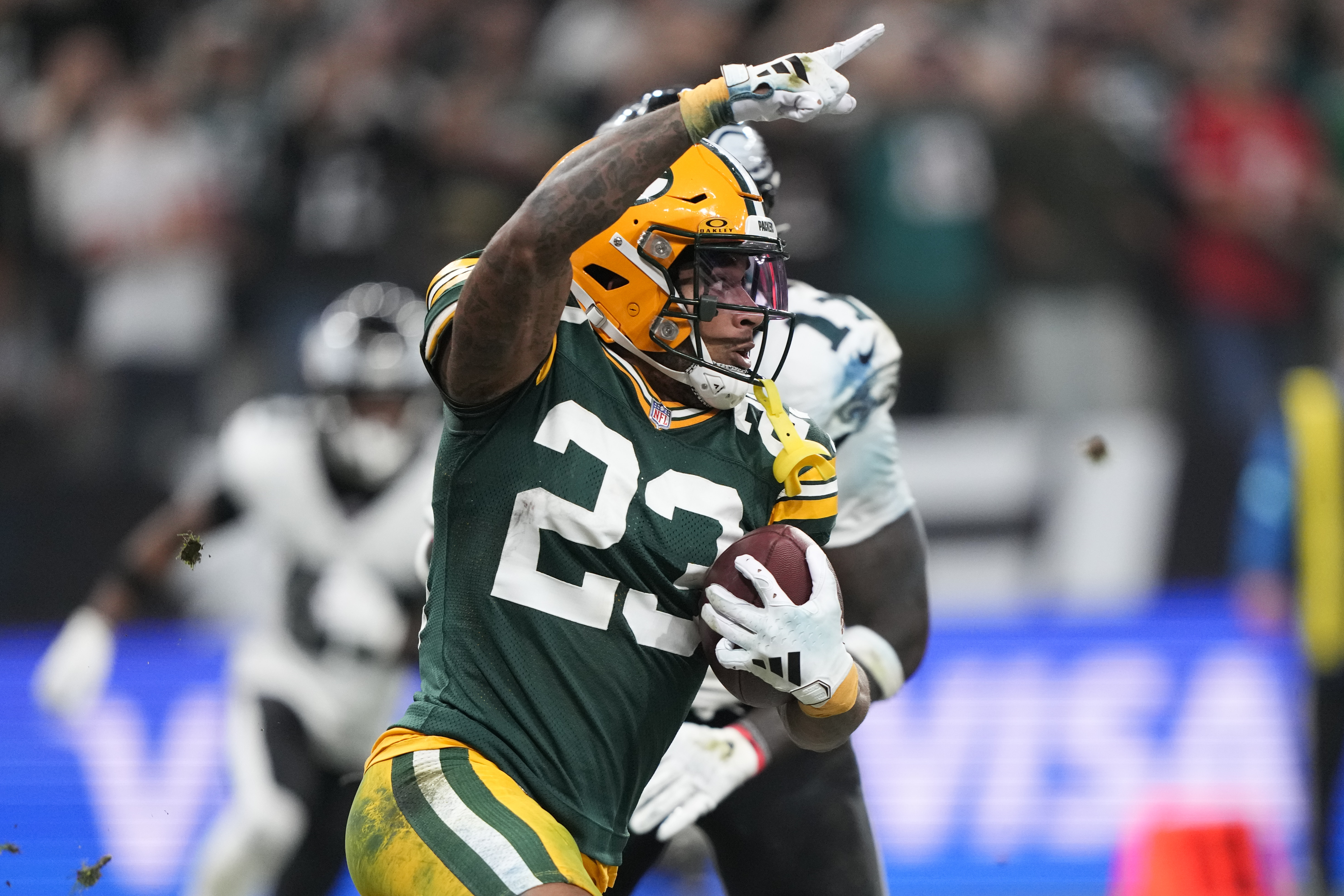Green Bay Packers cornerback Jaire Alexander (23) celebrates after incepting a pass in the end zone against the Philadelphia Eagles during the second half of an NFL football game, Saturday, Sept. 7, 2024, at the Neo Quimica Arena in Sao Paulo.