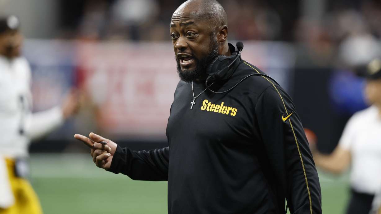 Pittsburgh Steelers head coach Mike Tomlin talks to an official during the first half of an NFL football game against the Atlanta Falcons on Sunday, Sept. 8, 2024, in Atlanta.