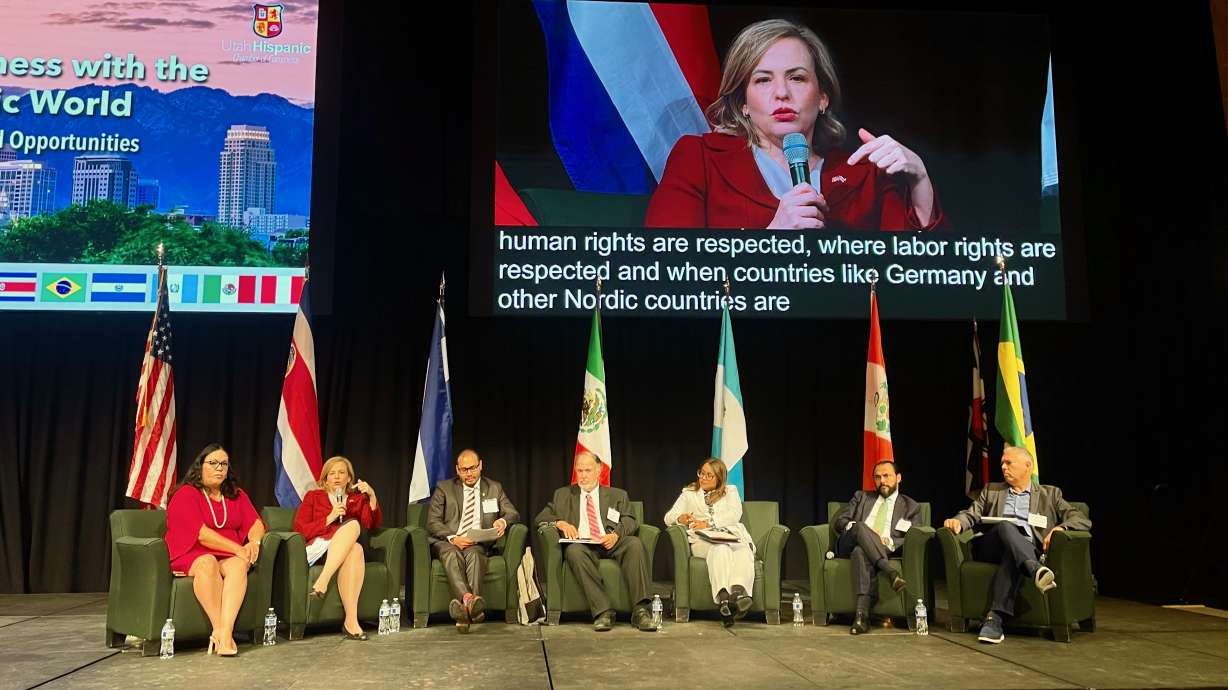 Catalina Crespo Sancho, the Costa Rican ambassador to the United States and second from left, addresses a conference on trade with Latin America at Utah Valley University in Orem on Thursday.