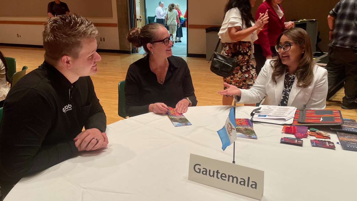 Gaby Morales, right, the commercial counselor at the Guatemalan Consulate in Los Angeles, speaks to participants at a conference on trade at Utah Valley University in Orem on Thursday.