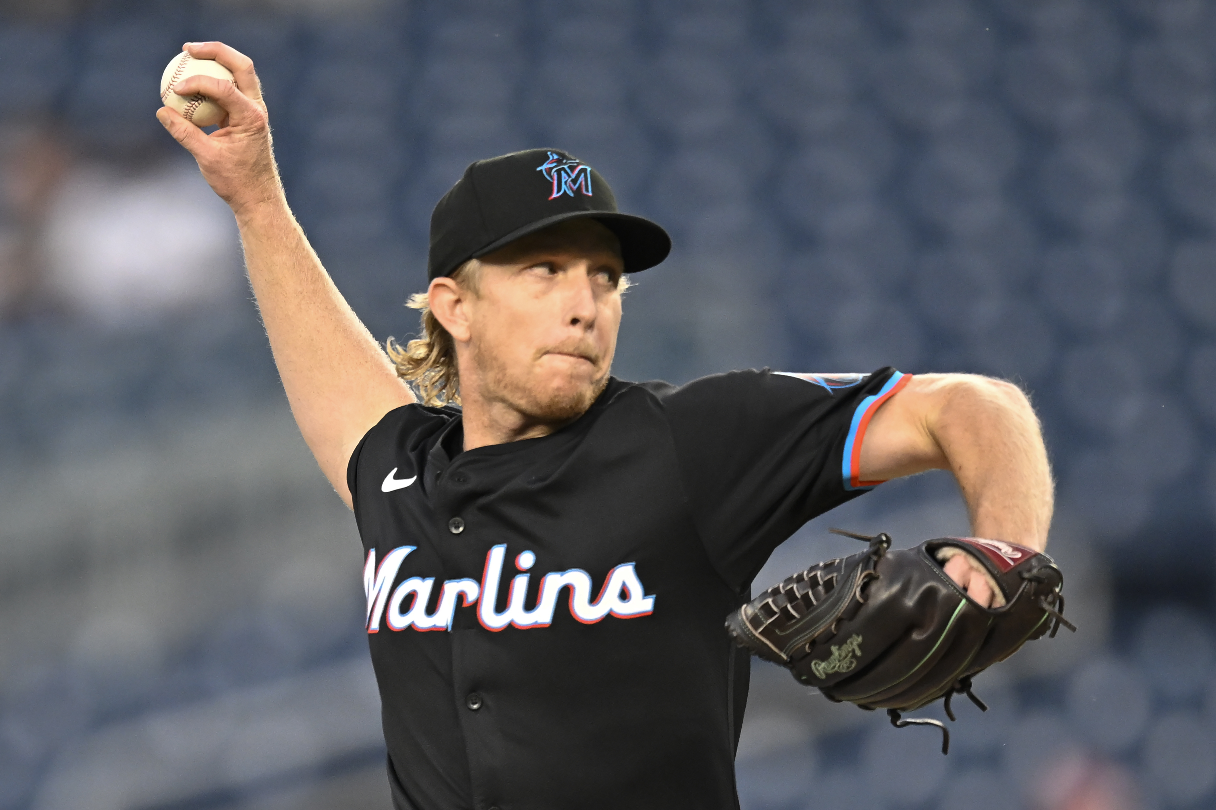 Miami Marlins staring pitcher Darren McCaughan throws during the first inning of a baseball game against the Washington Nationals, Thursday, Sept. 12, 2024, in Washington.