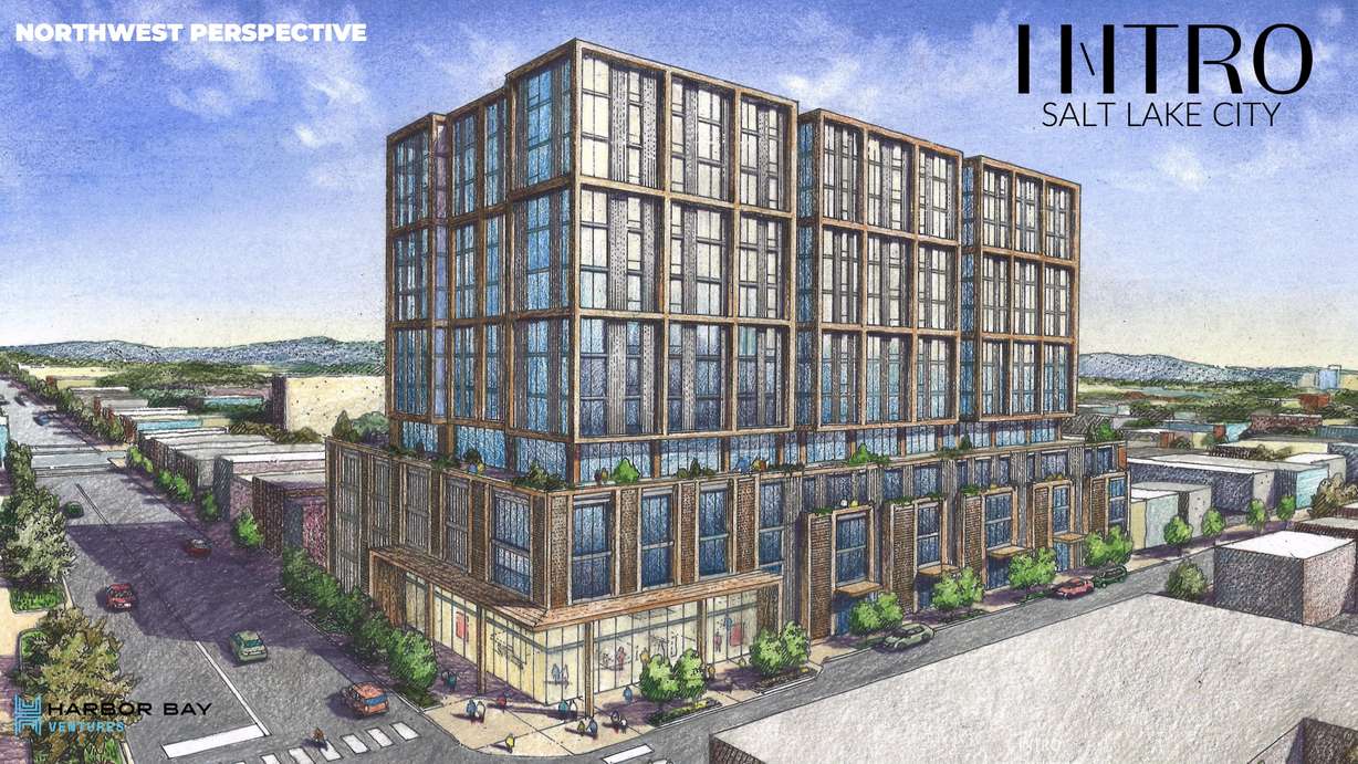 A rendering of what a possible new apartment complex within the Sugar House business district. The project is at the center of a new zone request.