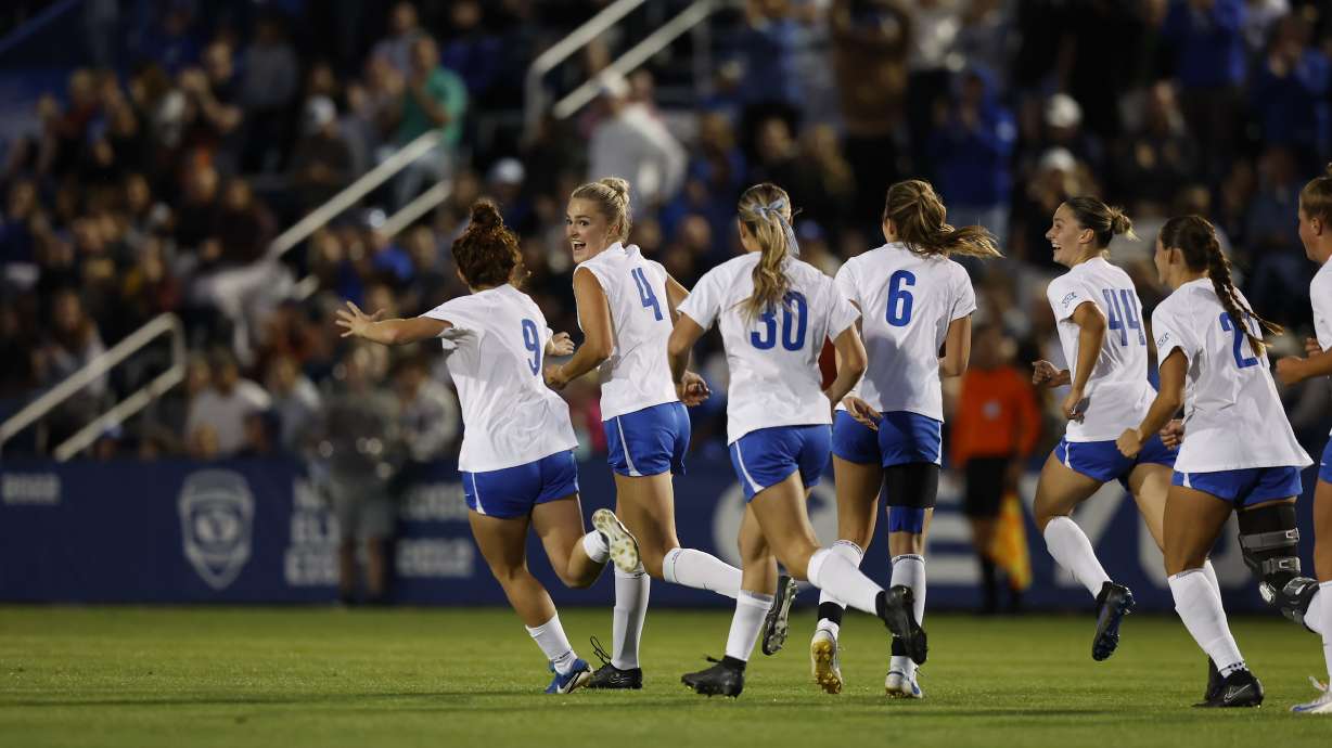 BYU women's soccer celebrates a goal off a corner kick from Avery Frischknecht during the Cougars' 1-0 win over Arizona State during a Big 12 women's soccer match, Thursday, Sept. 12, 2024 at South Field in Provo, Utah.
