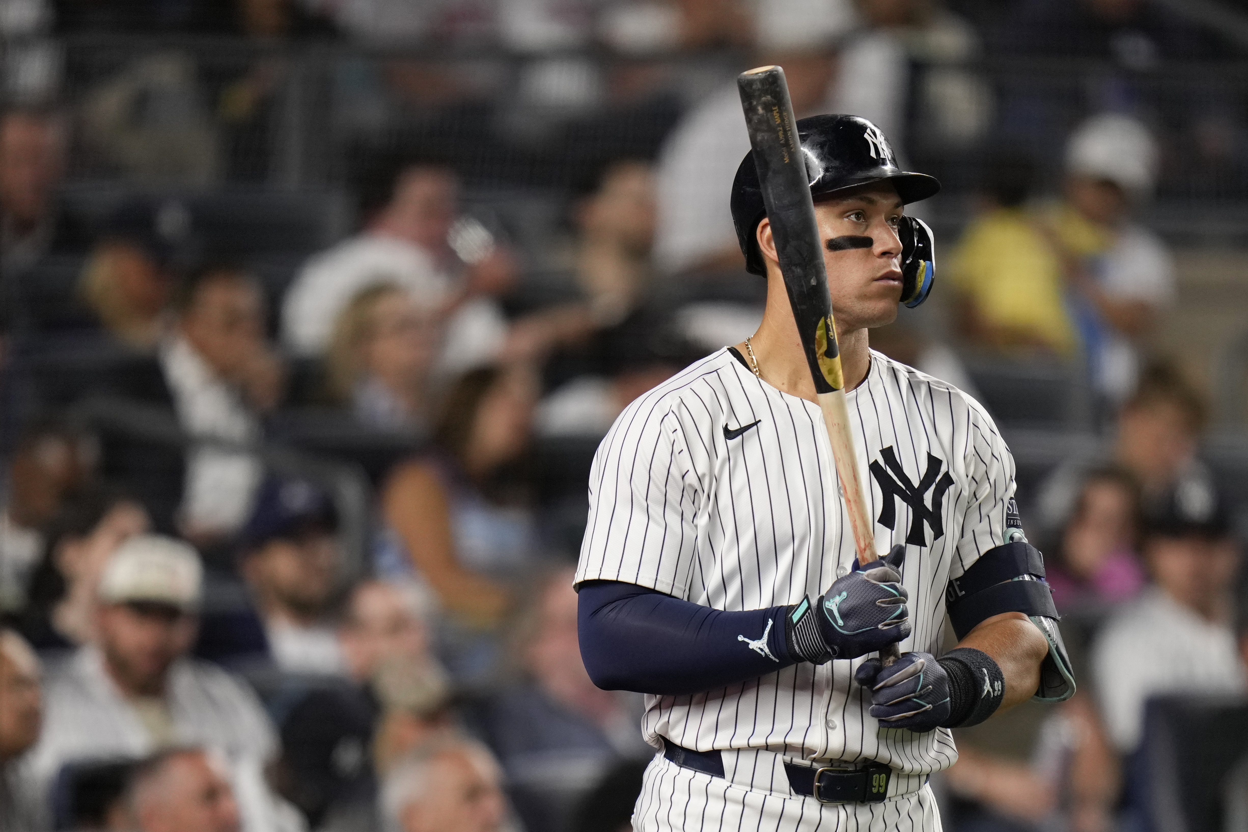 New York Yankees' Aaron Judge waits on deck during the fifth inning of a baseball game against the Boston Red Sox at Yankee Stadium Thursday, Sept. 12, 2024, in New York.