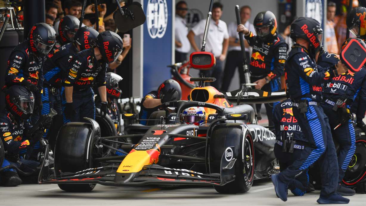 Red Bull driver Max Verstappen of the Netherlands gets a pit service during the Formula One Italian Grand Prix race at the Monza racetrack, in Monza, Italy, Sunday, Sept. 1, 2024.