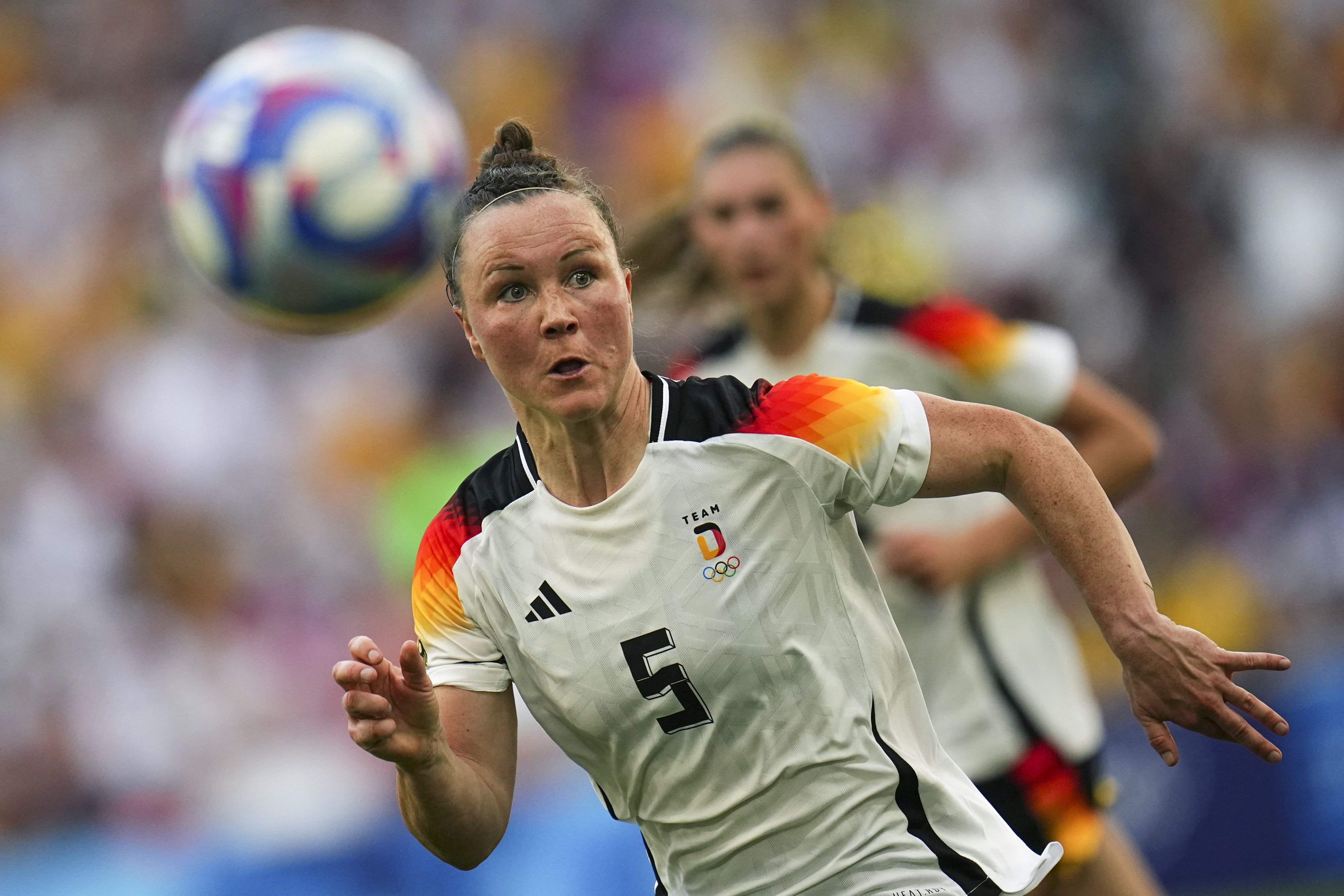 FILE - Germany's Marina Hegering runs for the ball during the women's Group B soccer match between Germany and Australia at the Velodrome stadium, during the 2024 Summer Olympics, Thursday, July 25, 2024, in Marseille, France.